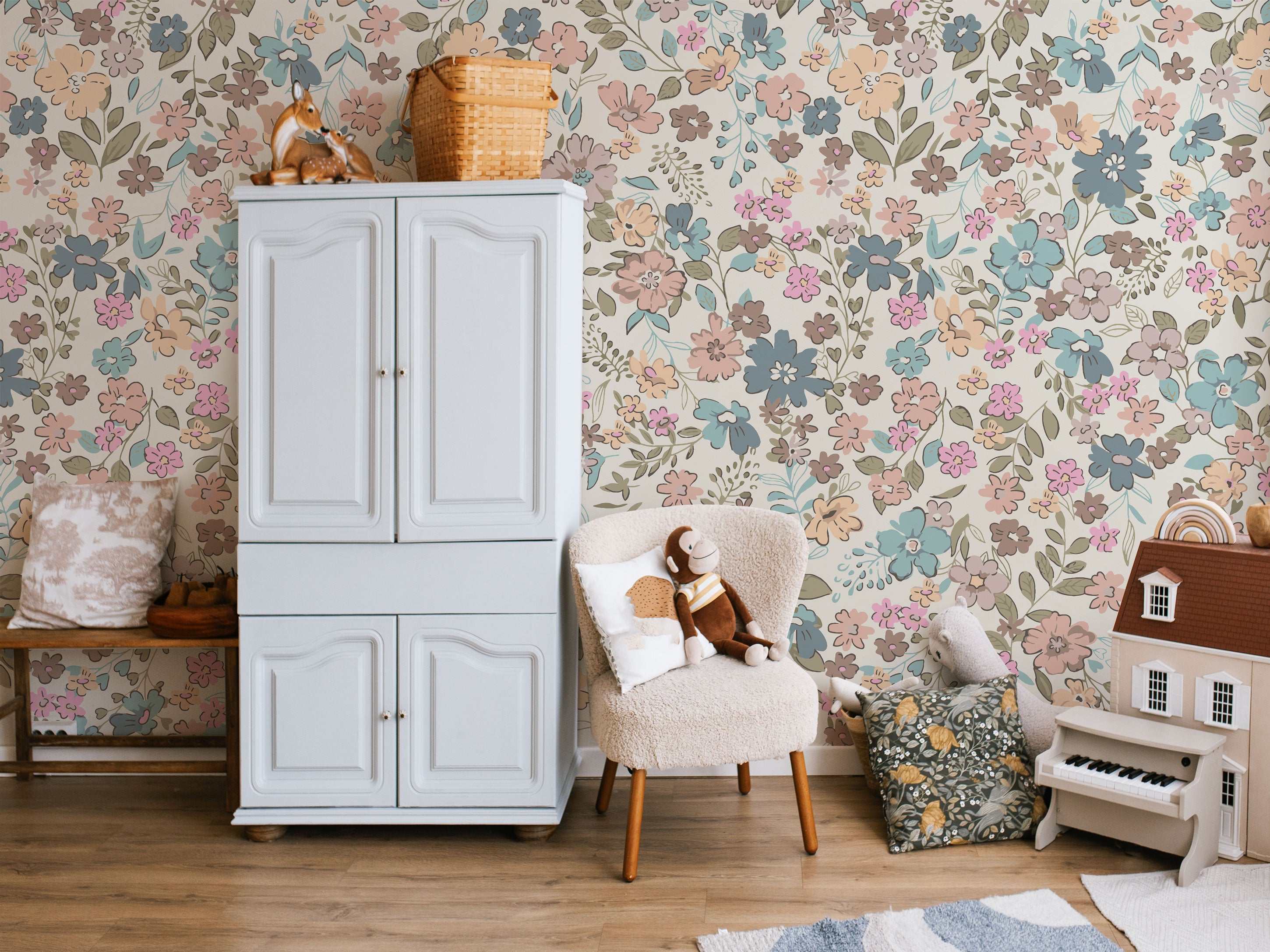 Floral pattern wallpaper with pastel flowers and leaves in soft muted colors