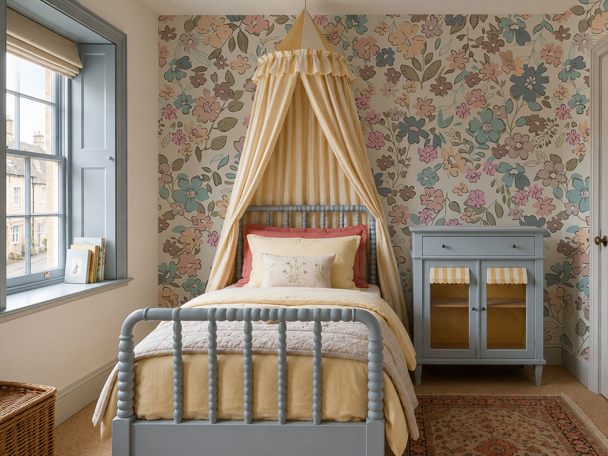 Floral pattern wallpaper with pastel flowers and leaves in soft muted colors