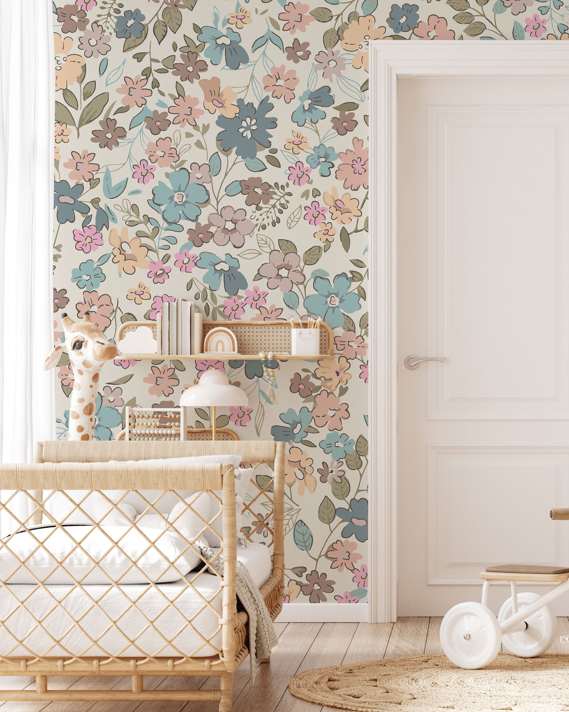 Floral pattern wallpaper with pastel flowers and leaves in soft muted colors