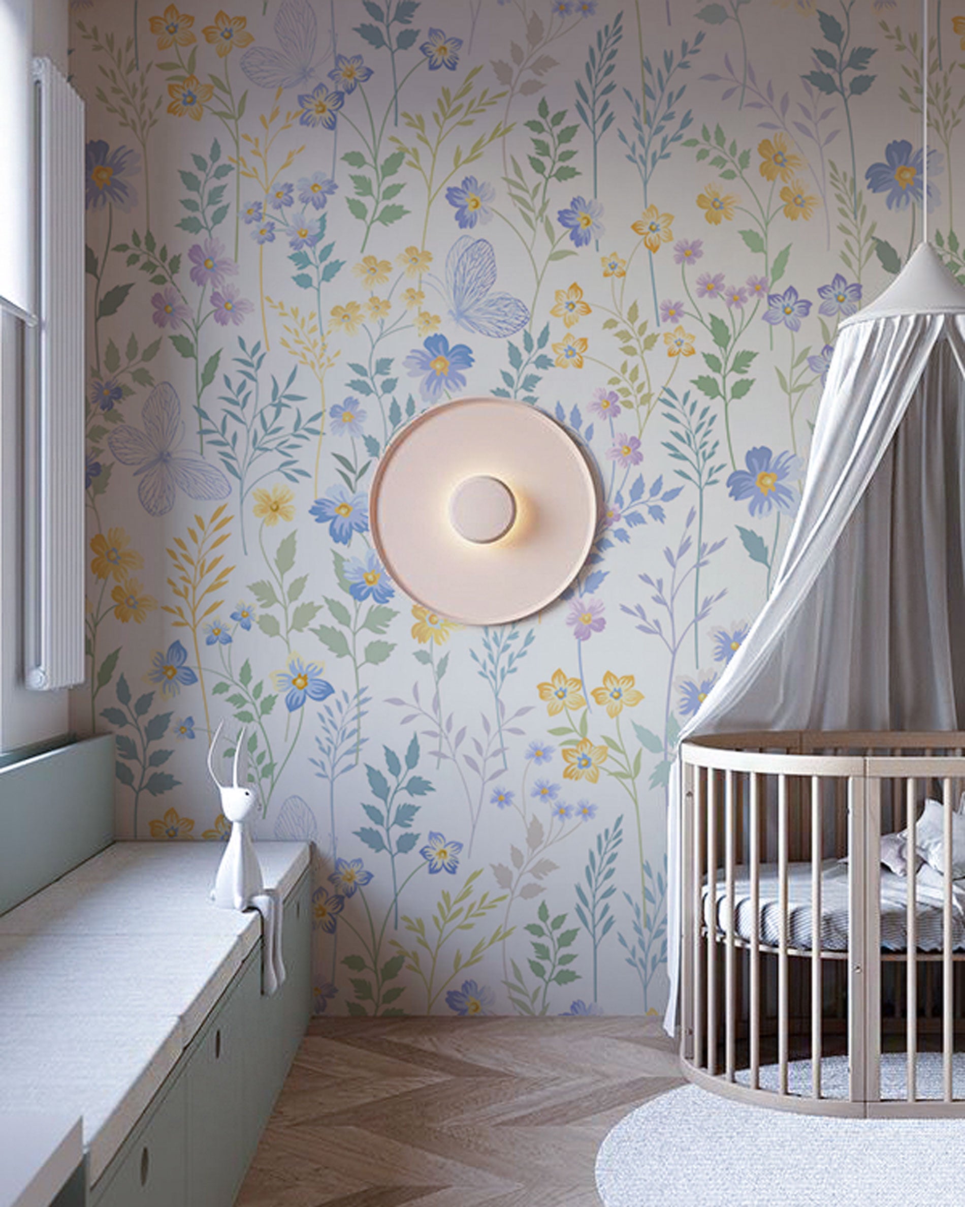 Spring Pastel floral wallpaper with delicate wildflowers and leaves on light background - Eclart Walls