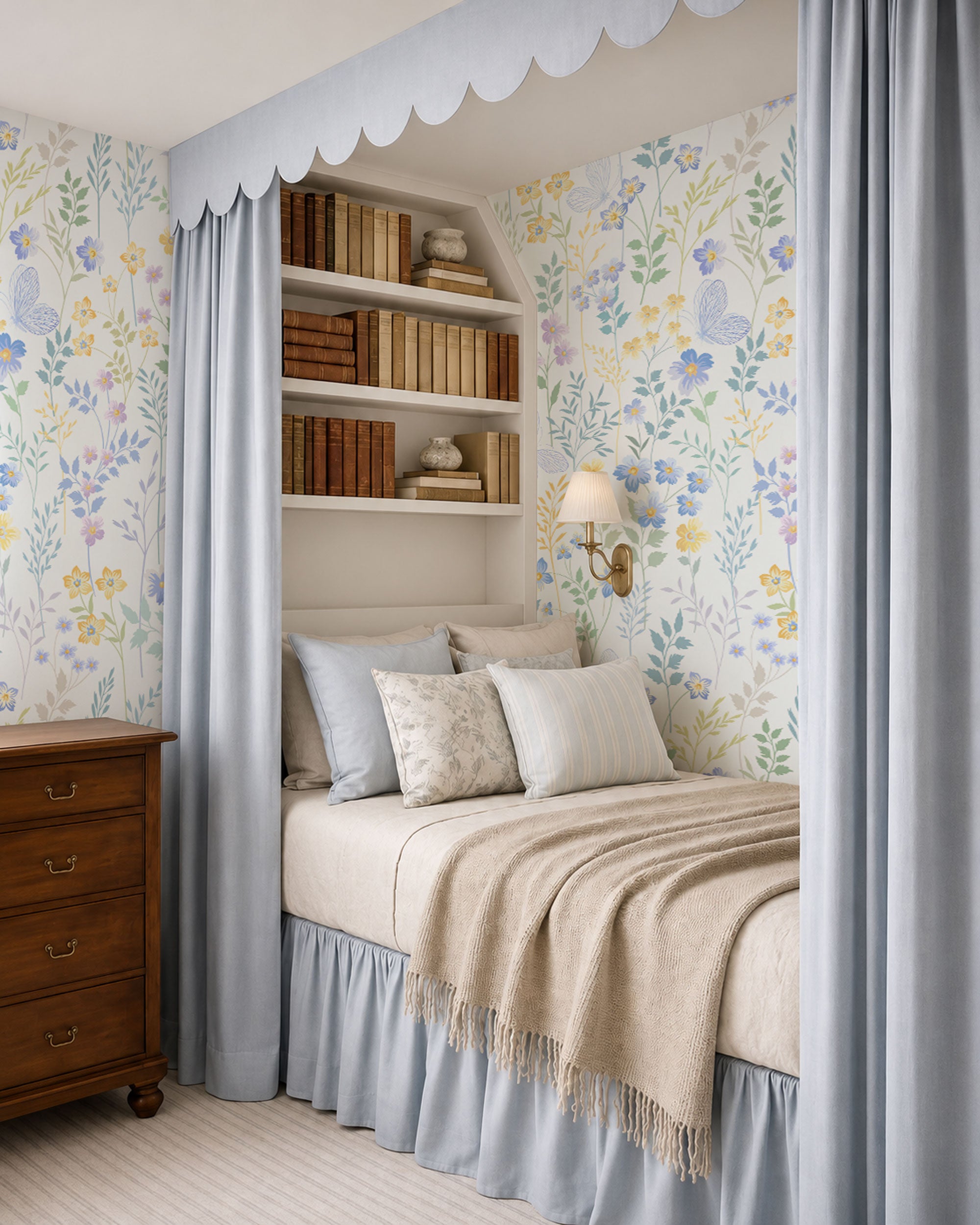 Pastel floral wallpaper with delicate wildflowers and leaves on light background