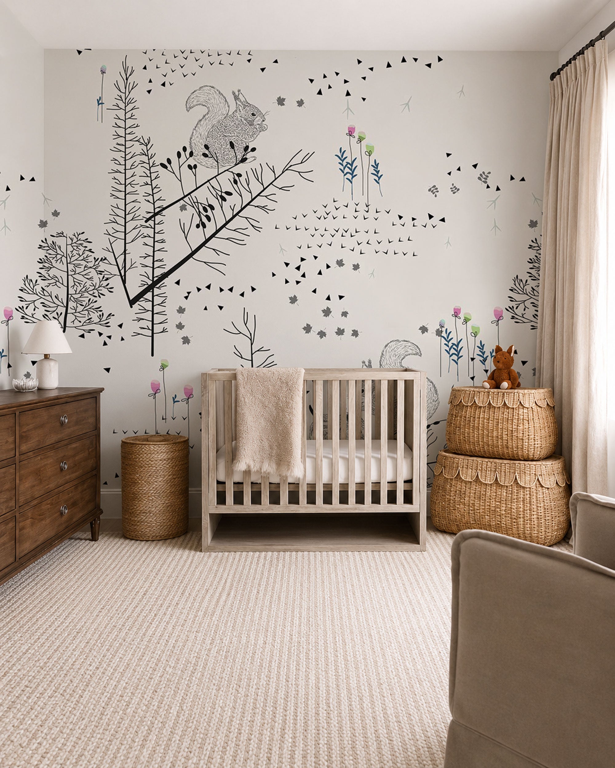 Minimal woodland wallpaper with squirrel and forest illustration for children’s room