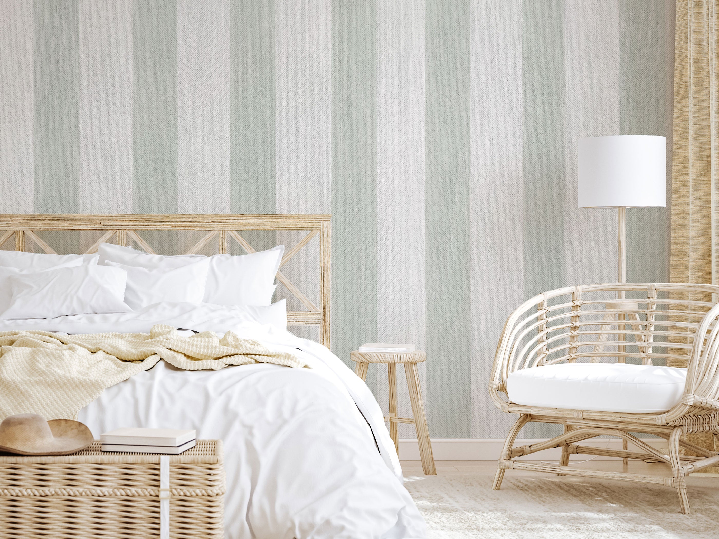 Vertical striped wallpaper with soft green and white tones and subtle textured finish