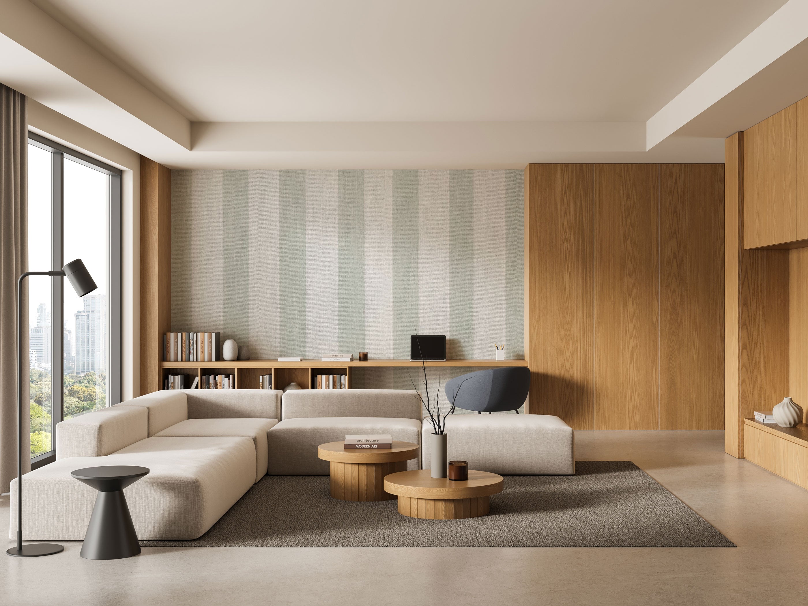 Vertical striped wallpaper with soft green and white tones and subtle textured finish