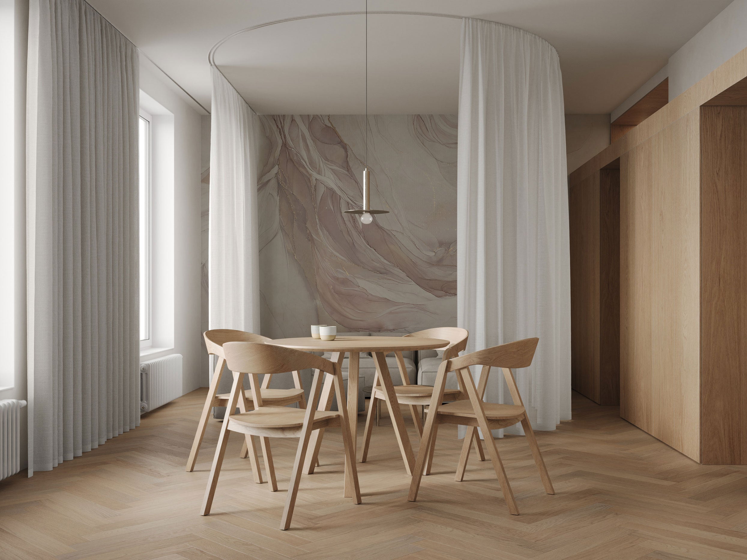 Abstract marble mural wallpaper with flowing beige, taupe, and blush tones and subtle gold detailing