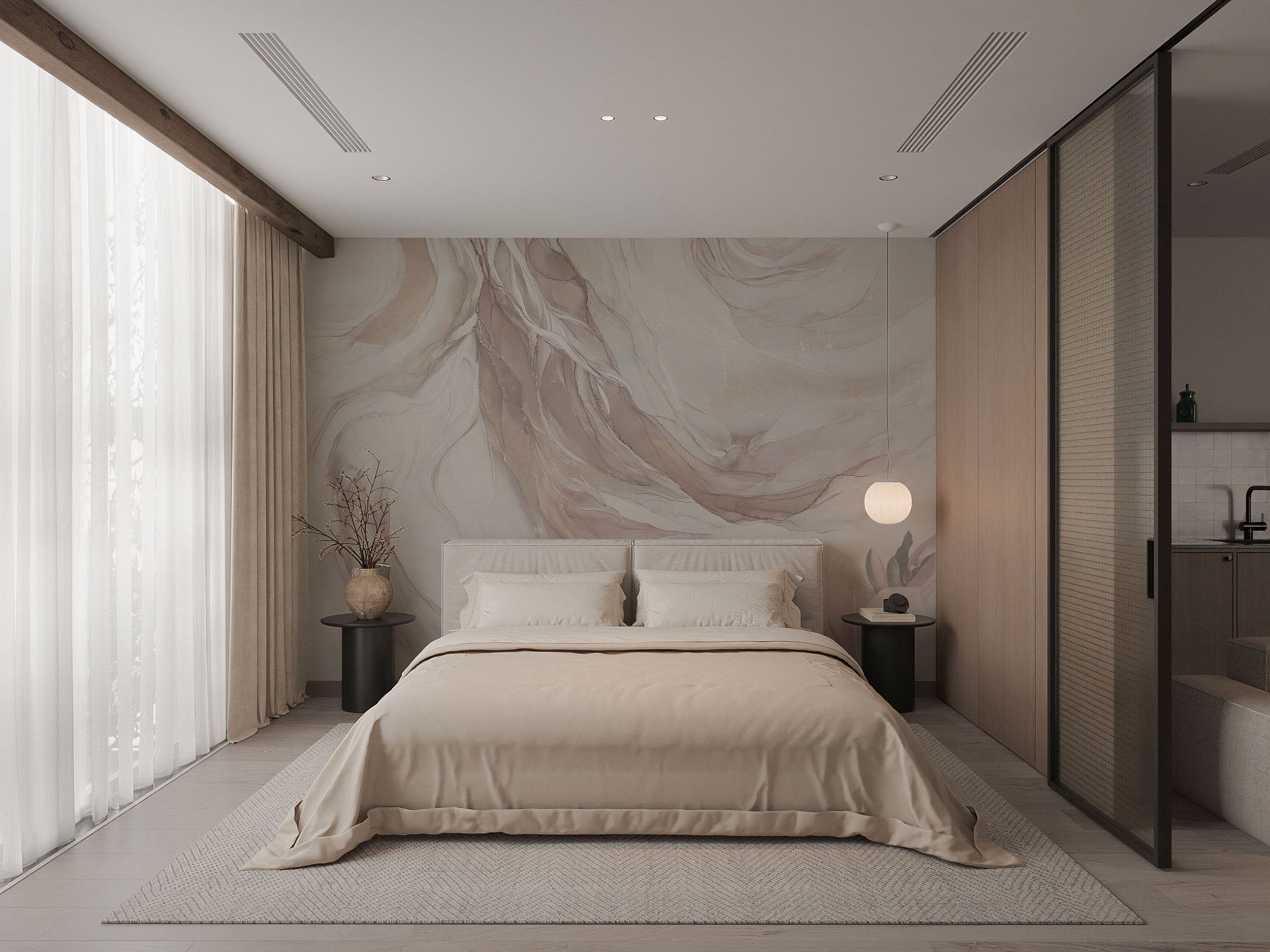 Abstract marble mural wallpaper with flowing beige, taupe, and blush tones and subtle gold detailing