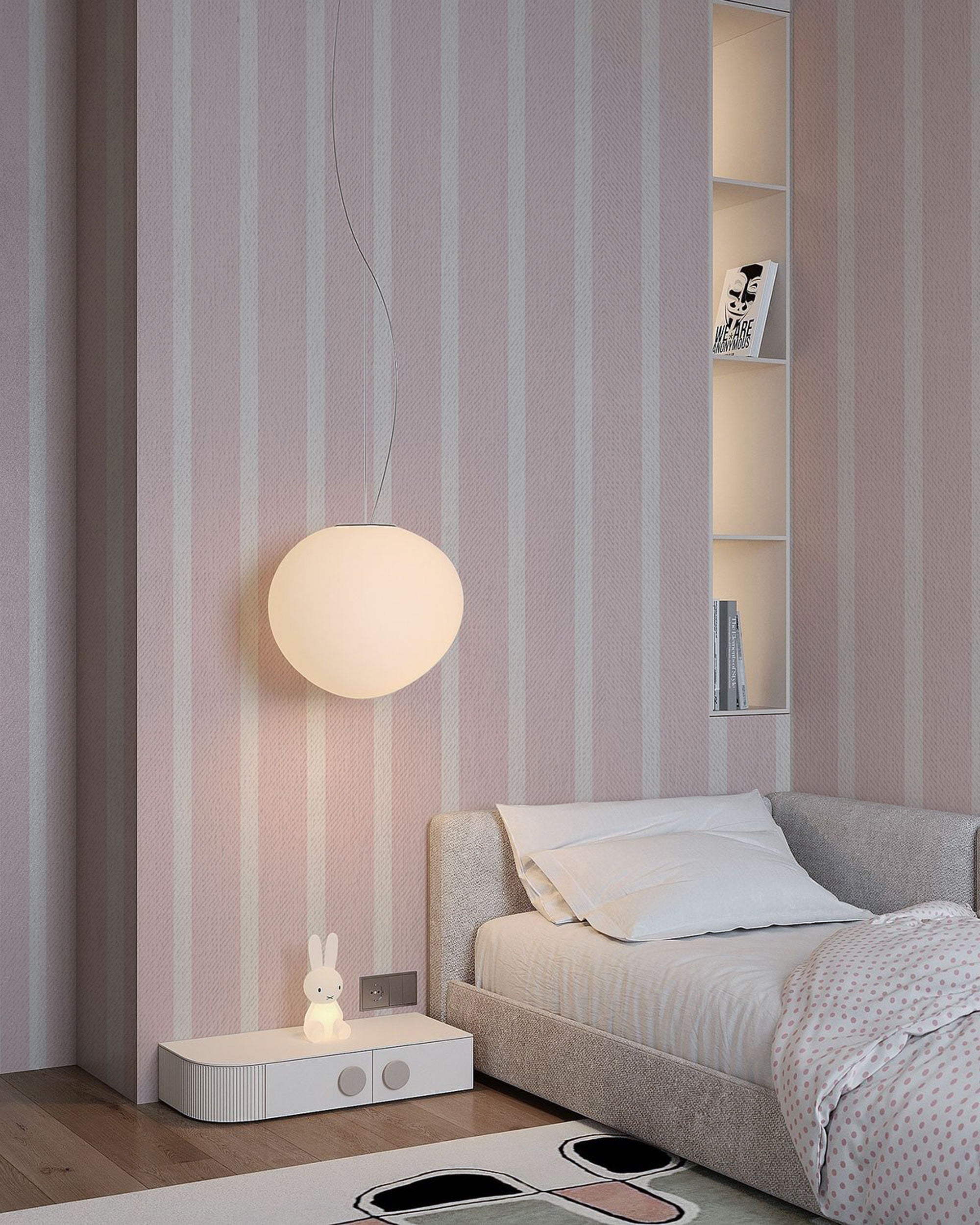 Soft pink and white vertical stripes pattern wallpaper with a subtle pastel texture.