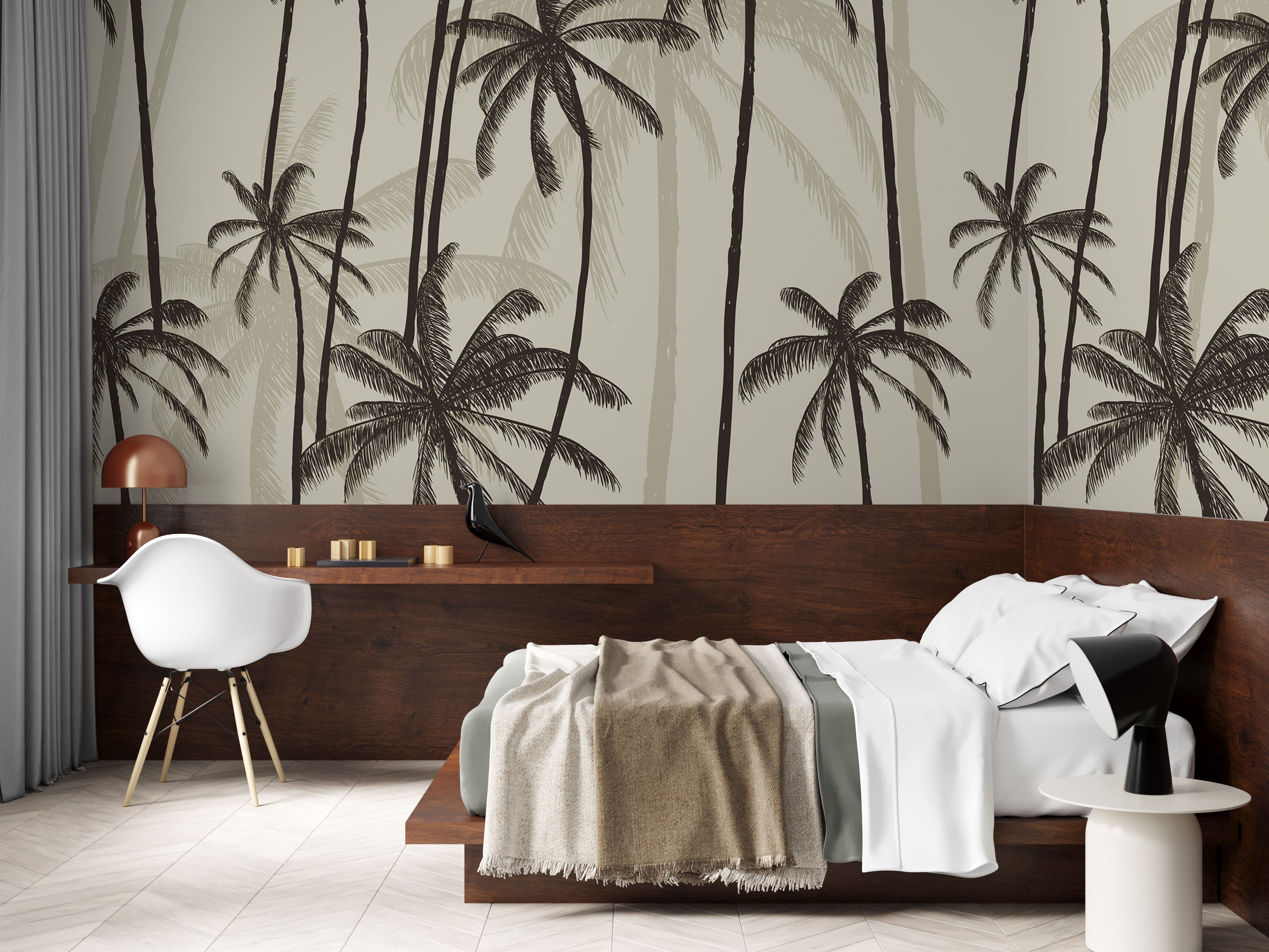Palm silhouette wallpaper with neutral tropical palm trees, modern minimalist palm wallpaper for living room