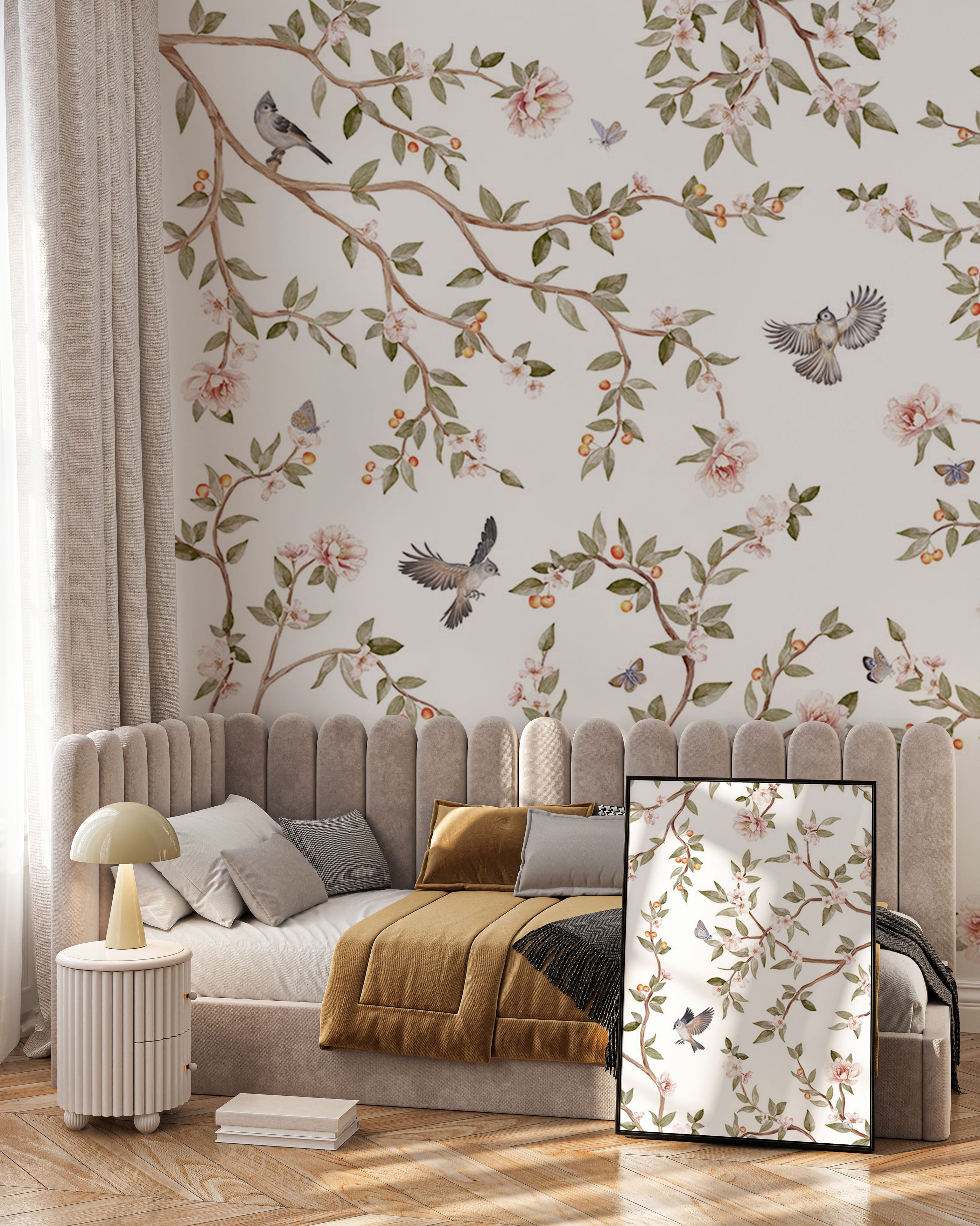 Floral kids wallpaper with cherry blossom branches birds and butterflies in soft pastel colors.