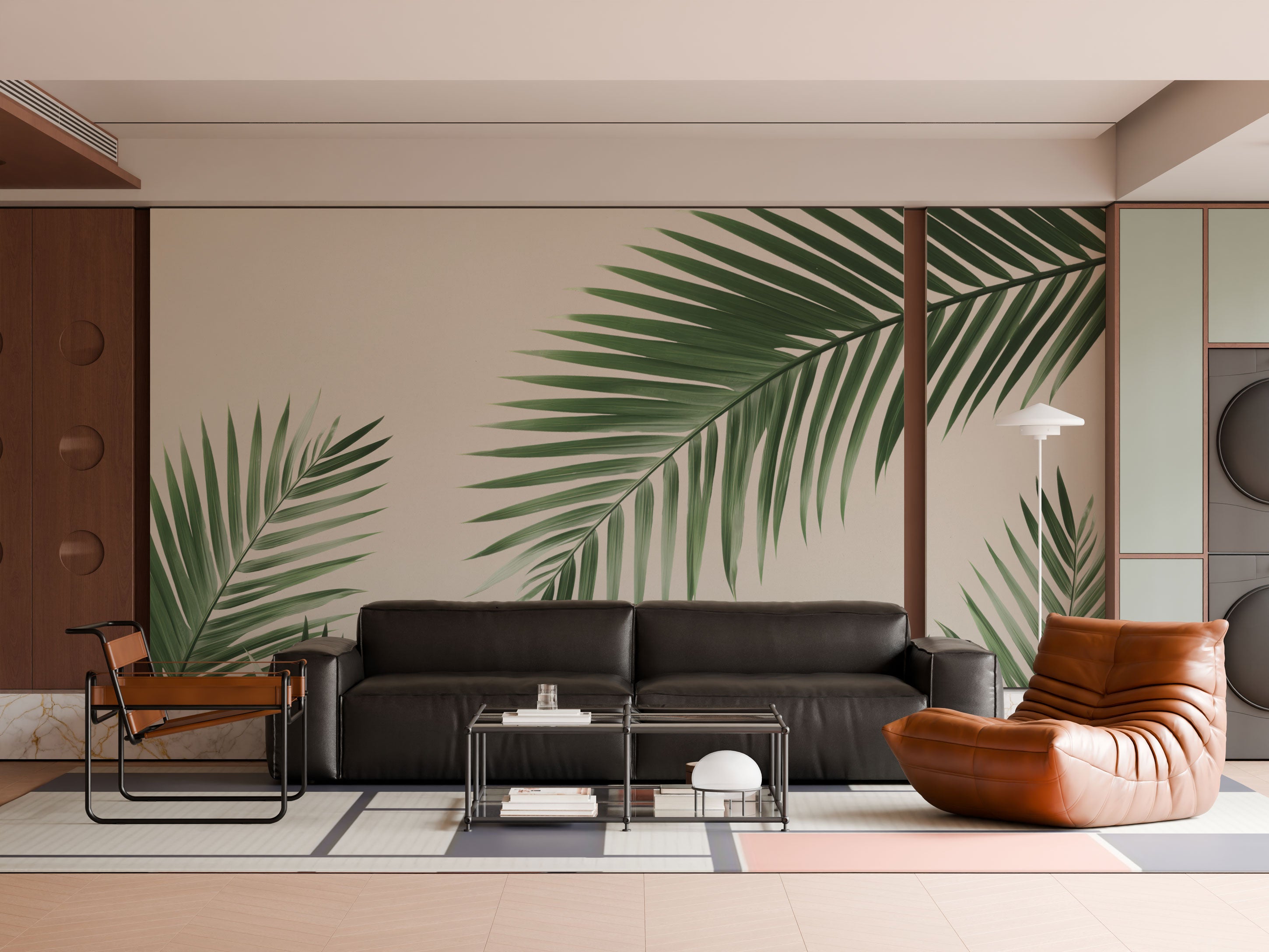 Botanical mural wallpaper with green palm leaves on a beige background in a minimalist tropical style.
