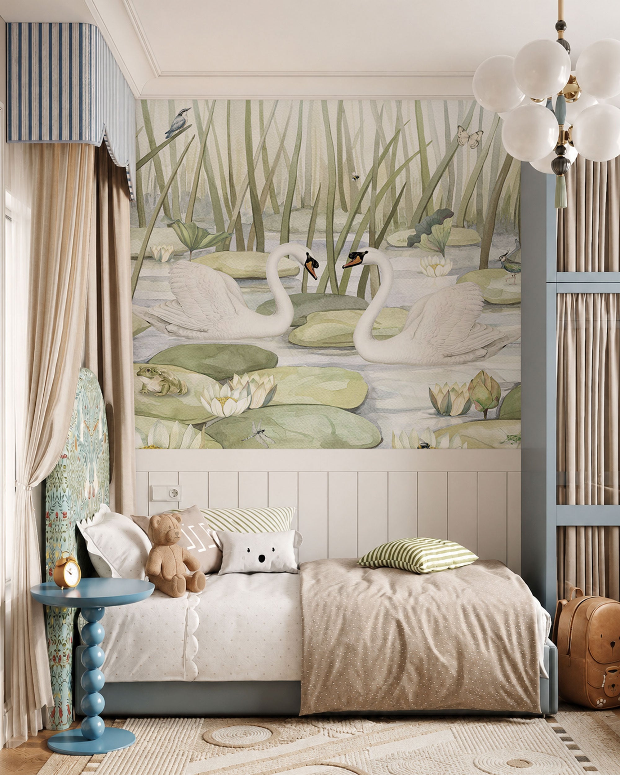 Watercolor kids mural wallpaper with swans pond water lilies reeds and birds in soft pastel tones.
