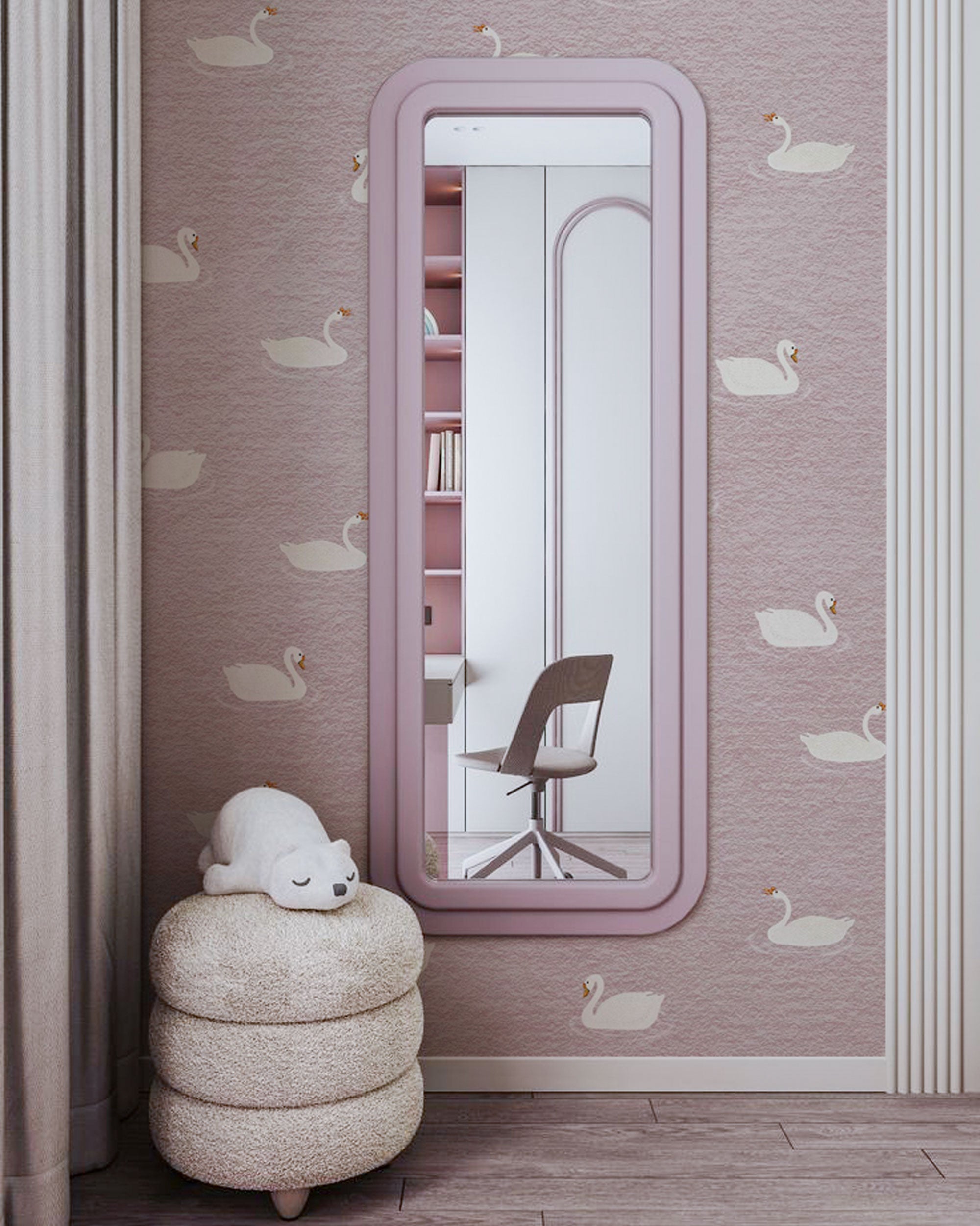 Soft pink wallpaper with a repeating pattern of white swans on a blush background
