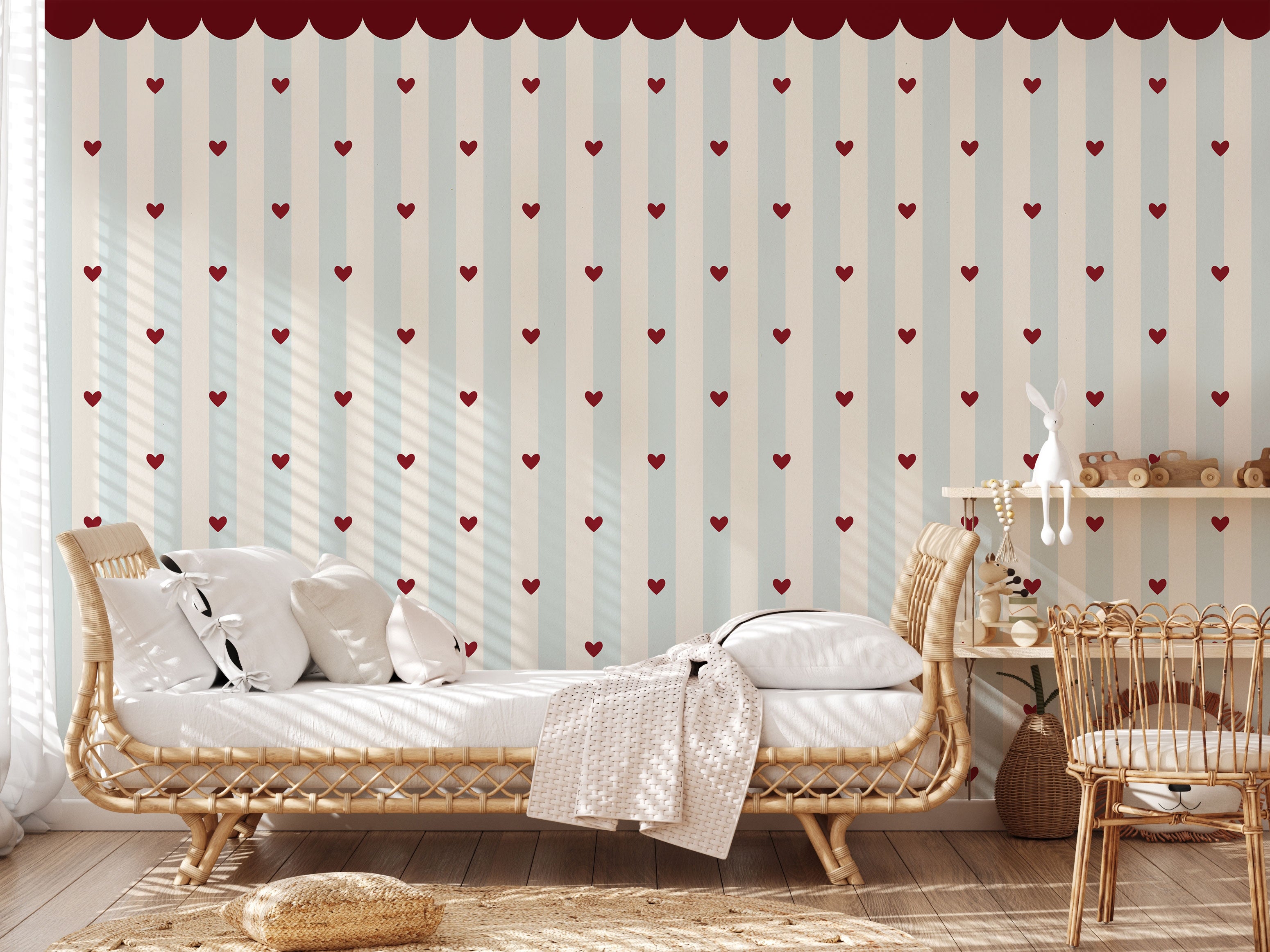 Romantic striped wallpaper with heart motifs