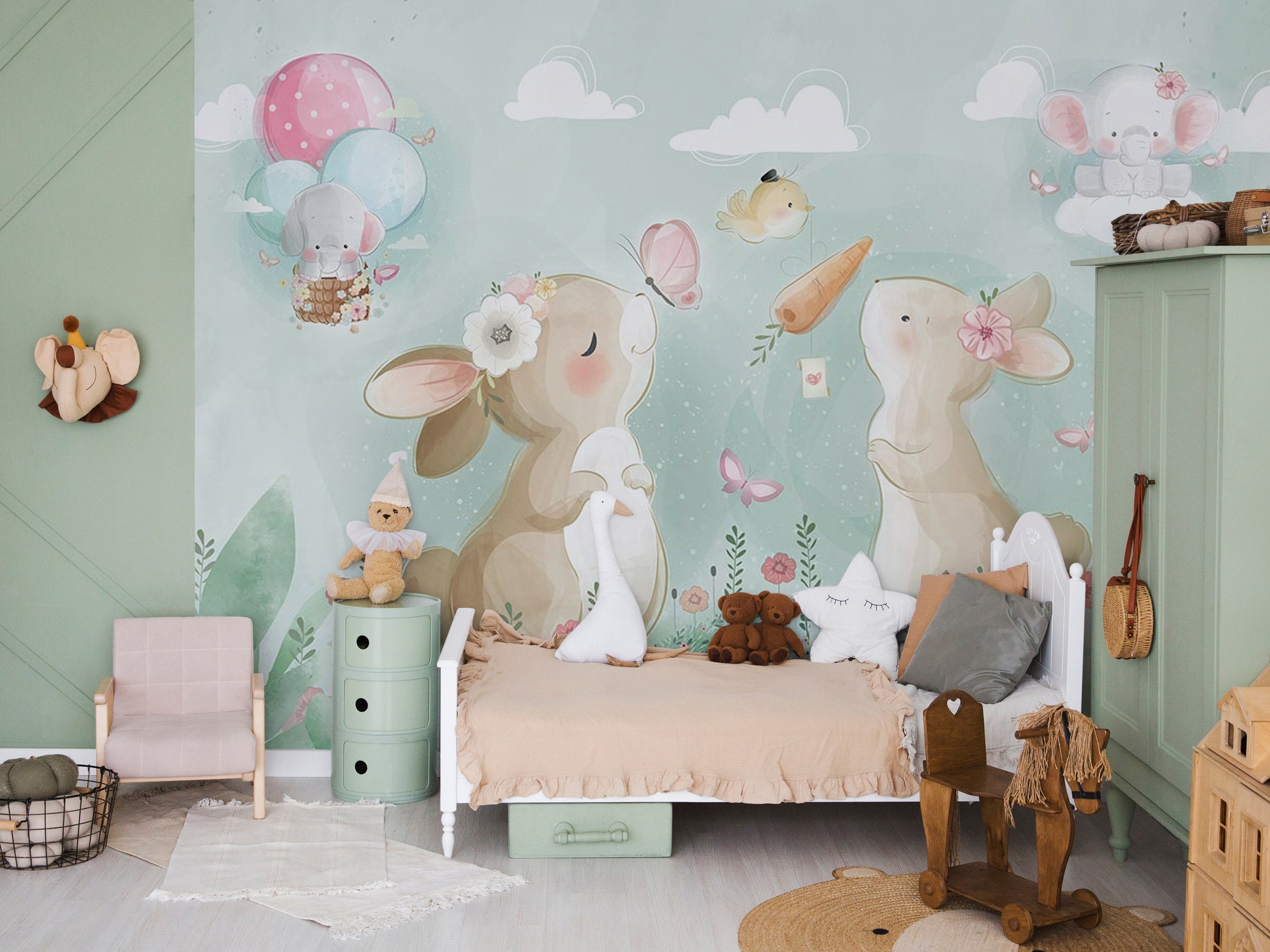Children’s wall mural with rabbits and pastel garden illustration