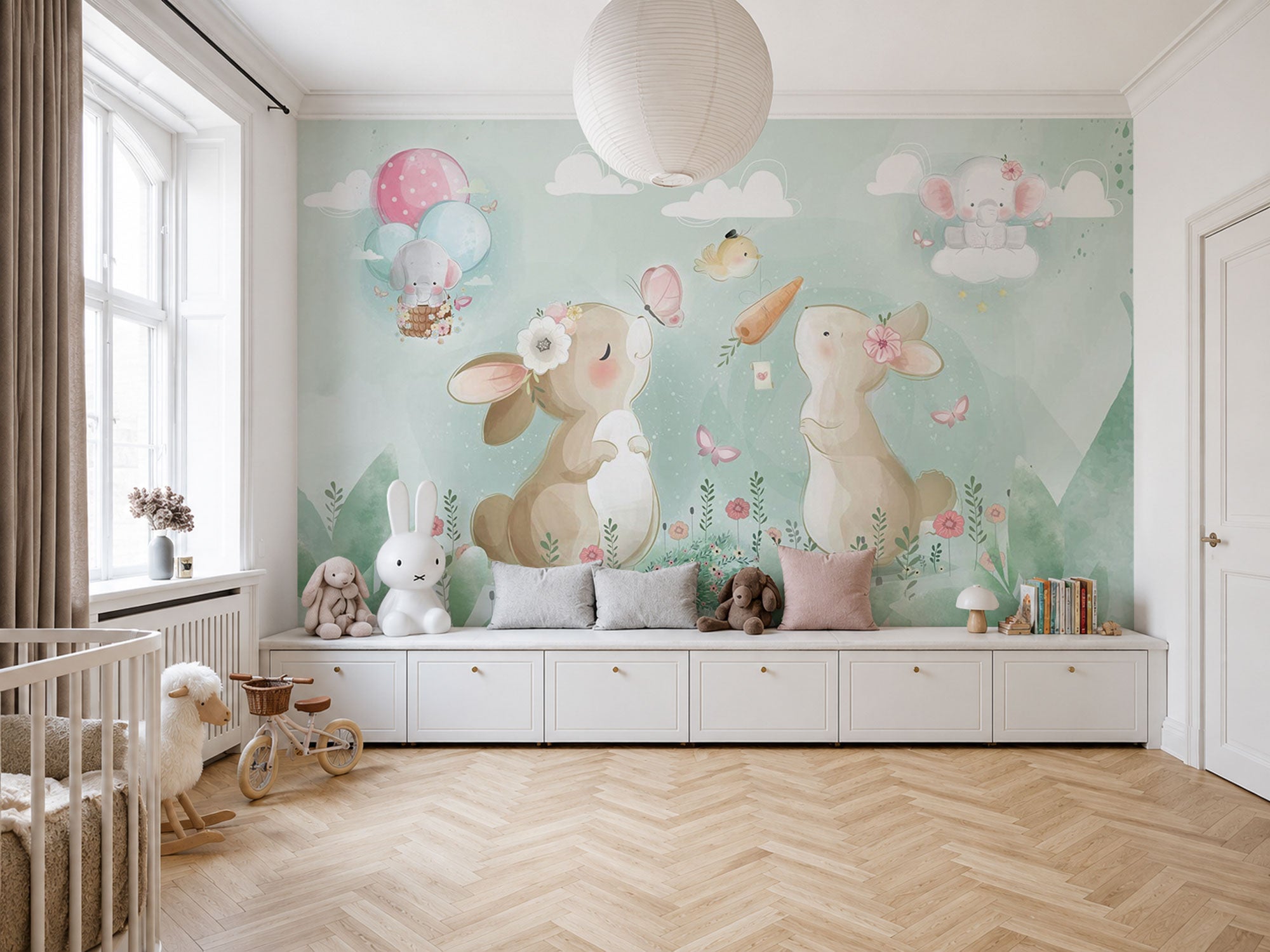 Children’s wall mural with rabbits and pastel garden illustration