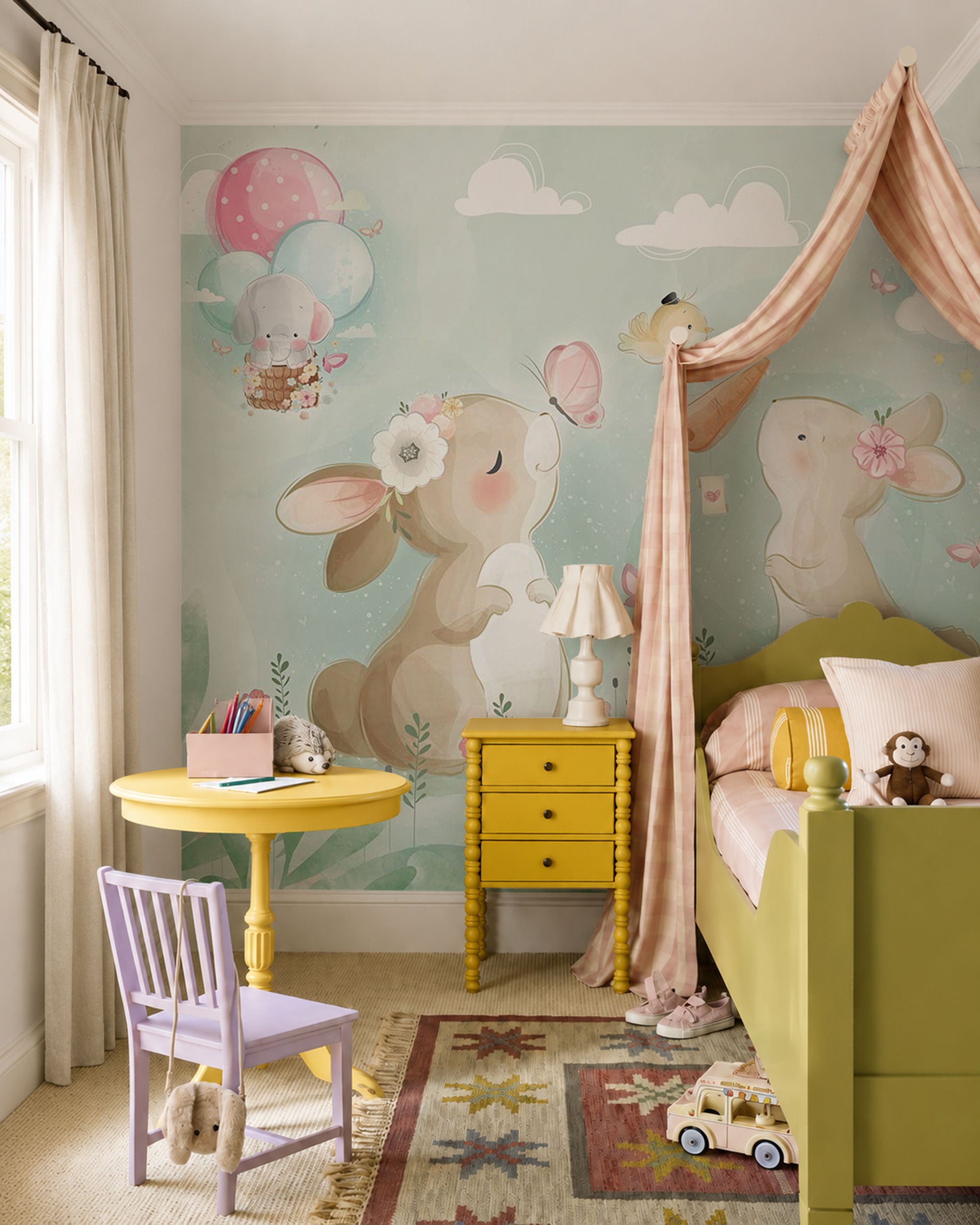 Children’s wall mural with rabbits and pastel garden illustration