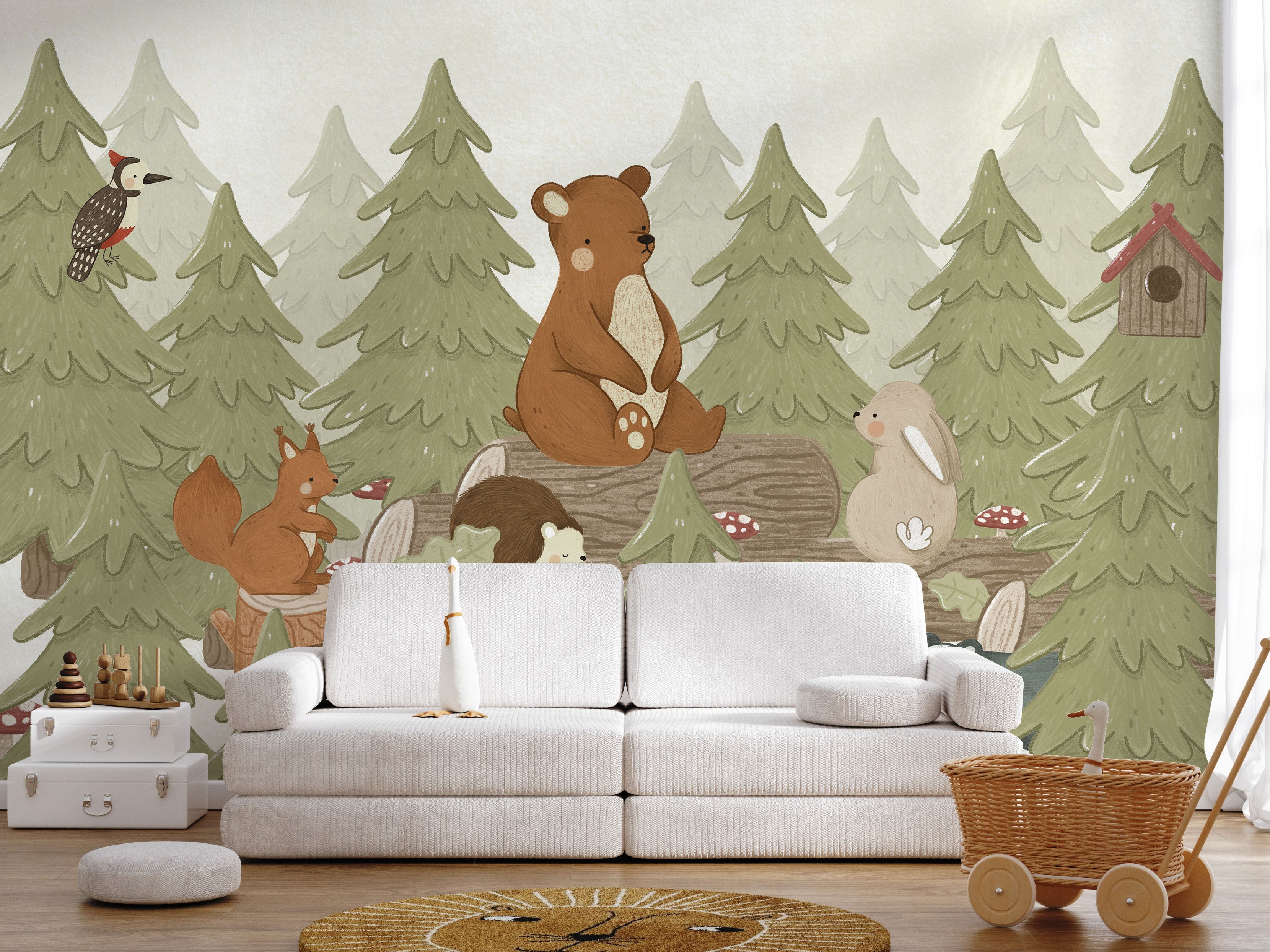 Pastel illustrated woodland wallpaper with fox, deer, rabbit, badger, squirrel, birds, and soft trees in a whimsical forest scene suitable for a children’s room