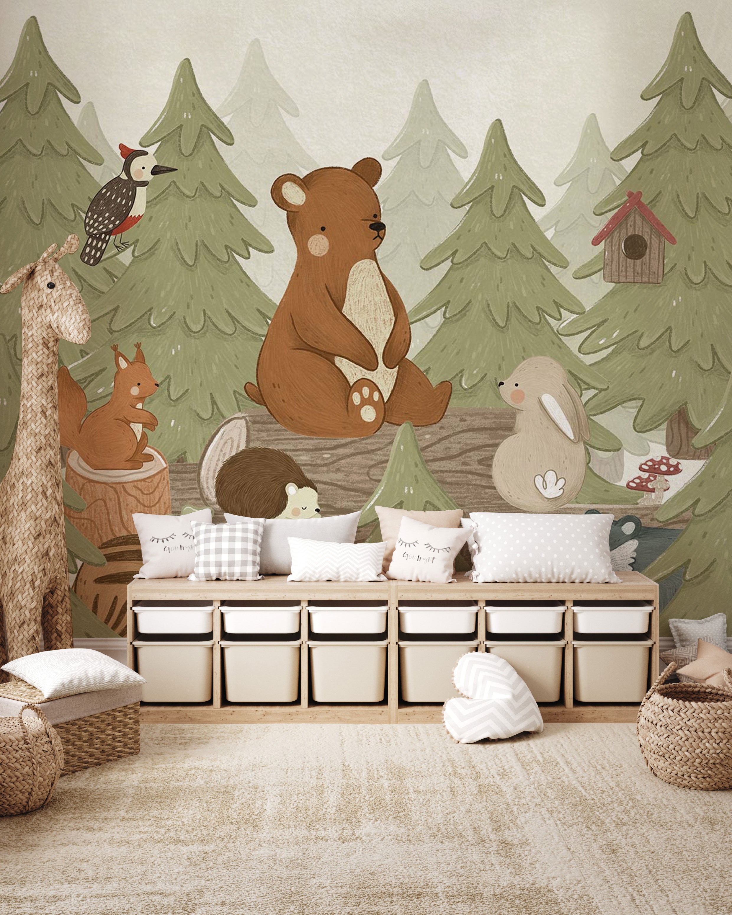 Pastel illustrated woodland wallpaper with fox, deer, rabbit, badger, squirrel, birds, and soft trees in a whimsical forest scene suitable for a children’s room