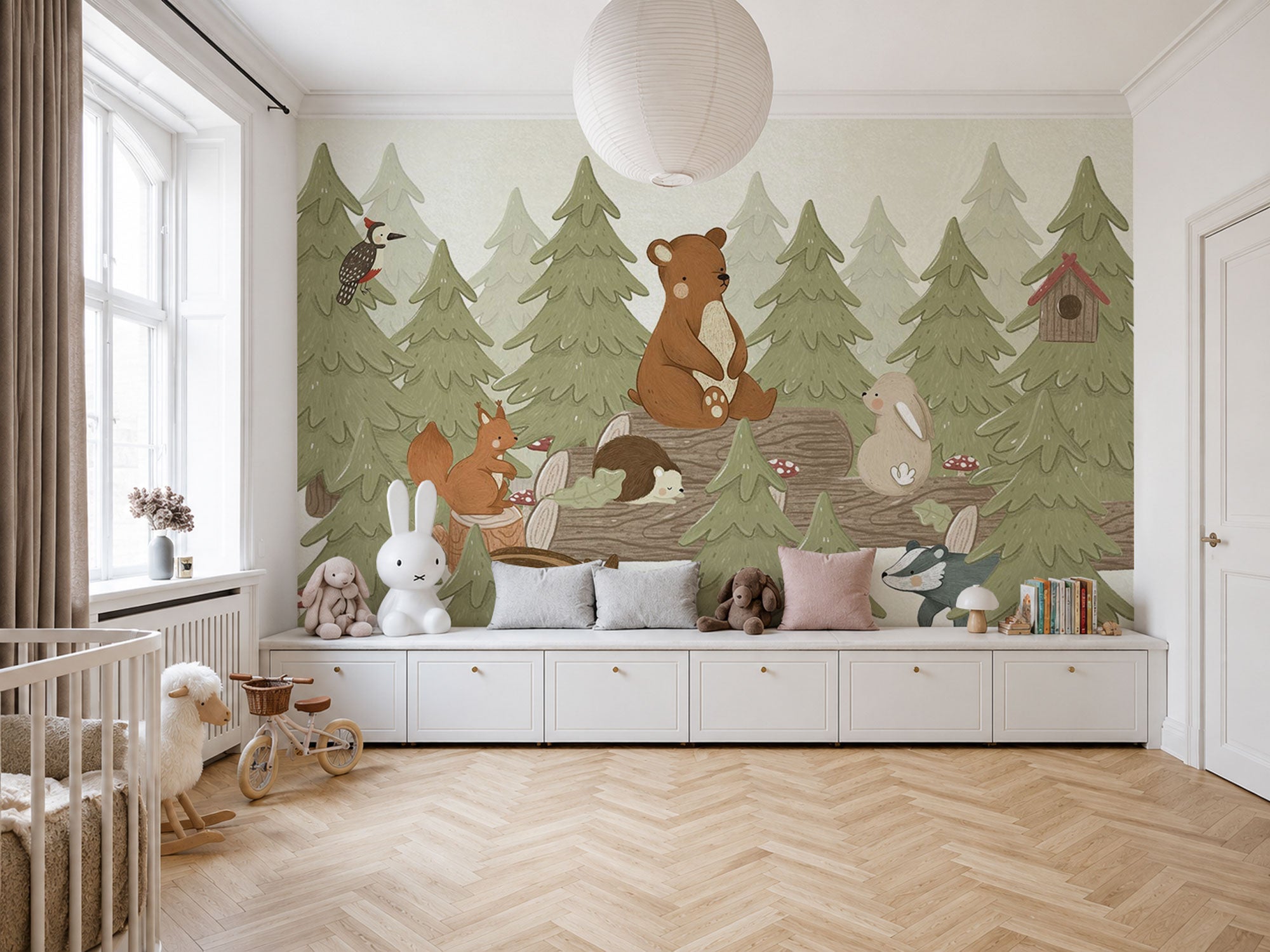 Pastel illustrated woodland wallpaper with fox, deer, rabbit, badger, squirrel, birds, and soft trees in a whimsical forest scene suitable for a children’s room