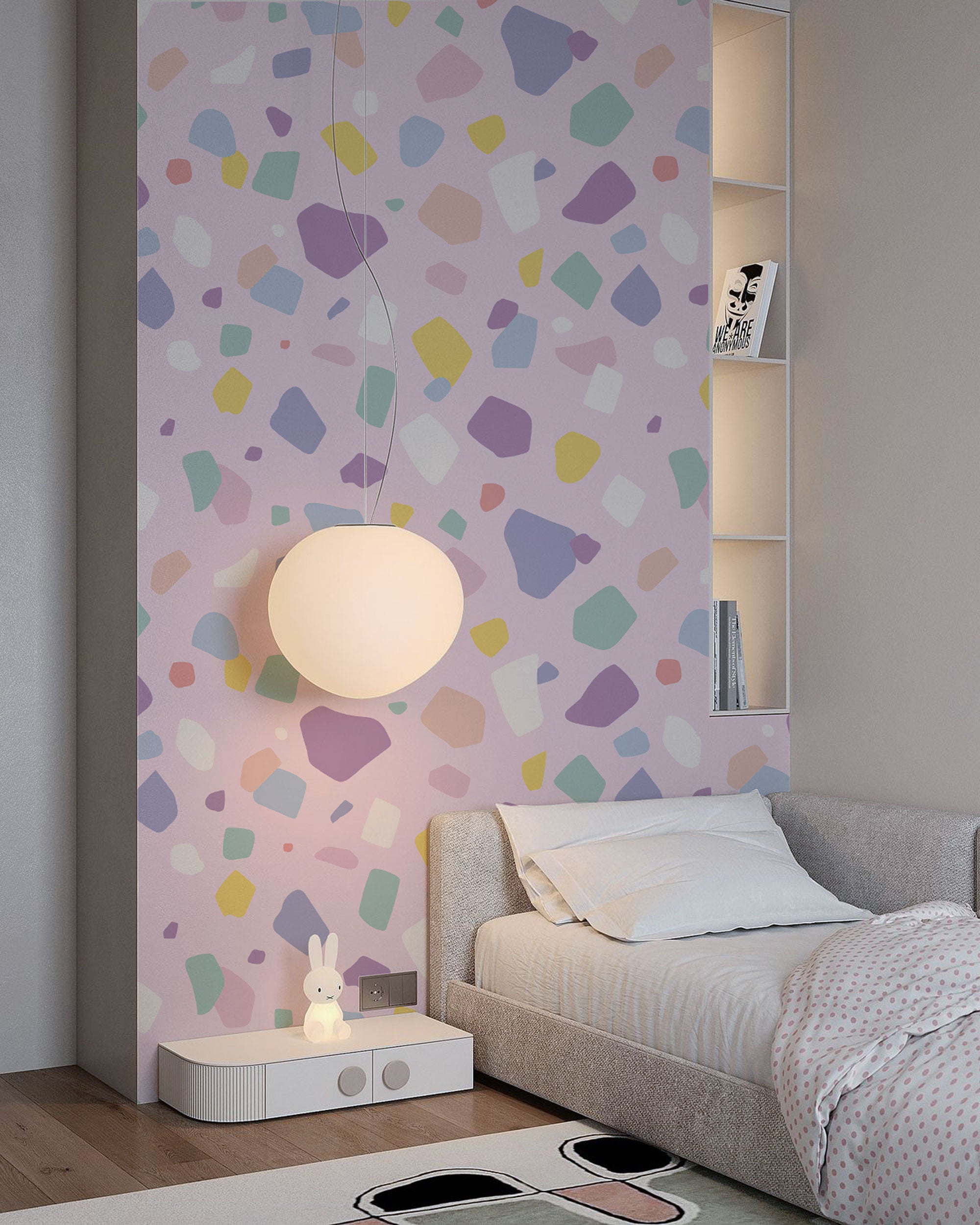 Pink terrazzo pattern wallpaper with soft stone shapes and light neutral background
