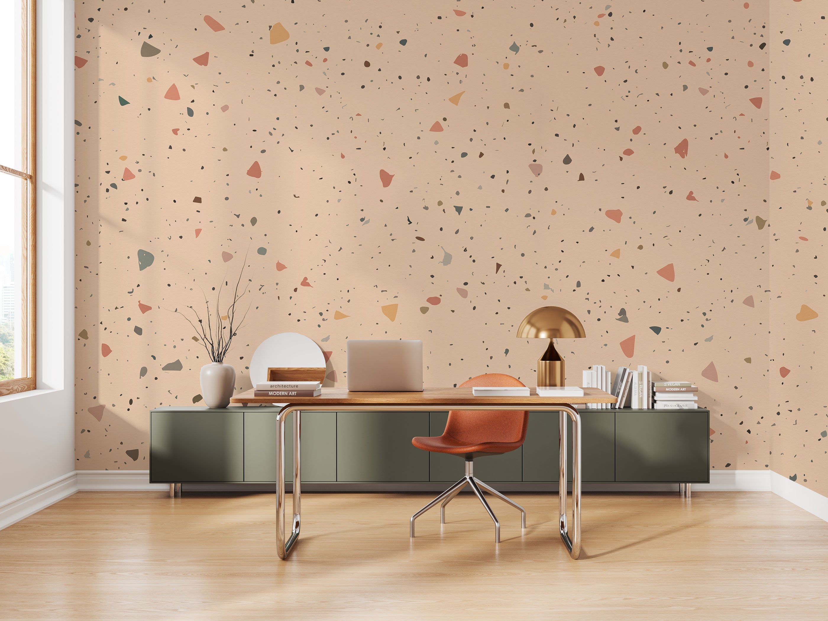 Peach beige terrazzo pattern wallpaper with warm stone fragments on a soft neutral background