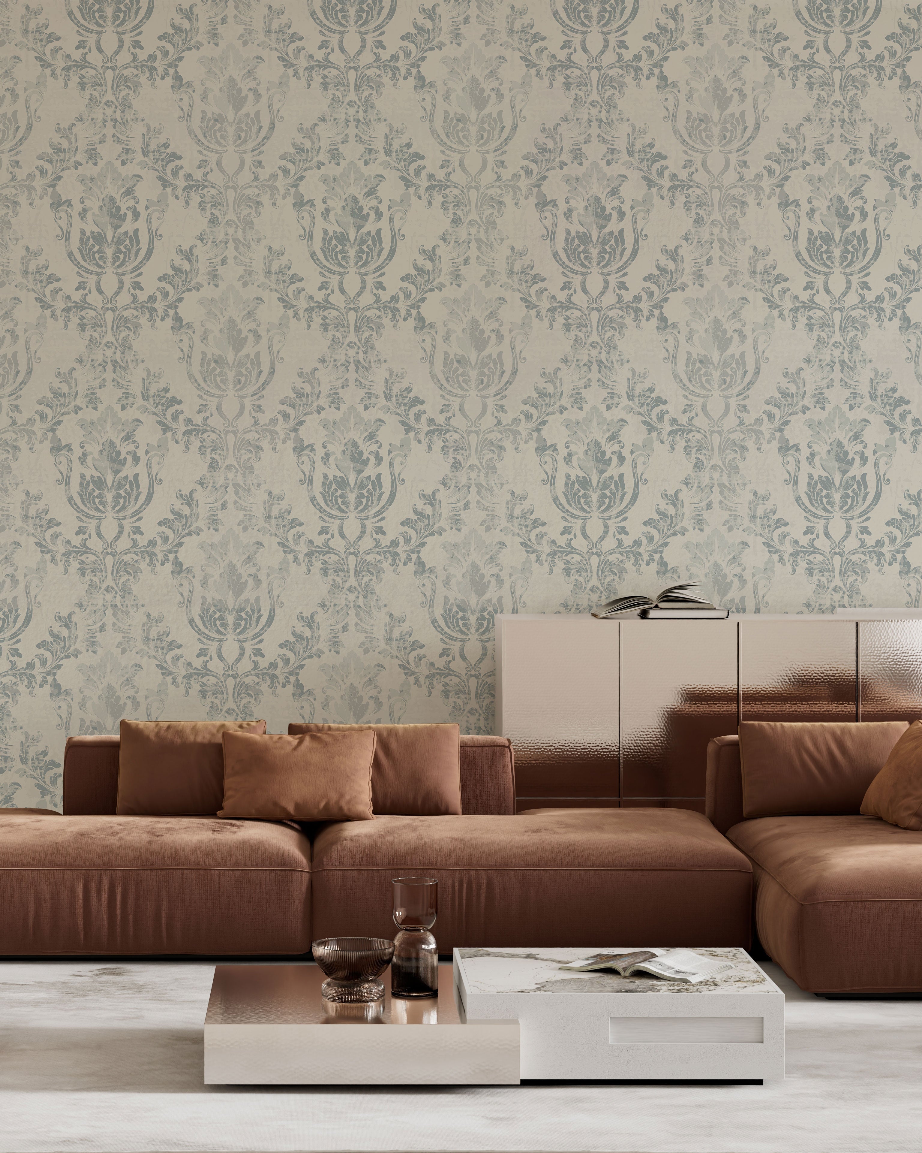 Vintage damask wallpaper in soft blue-grey and ivory tones with a subtle textured finish 