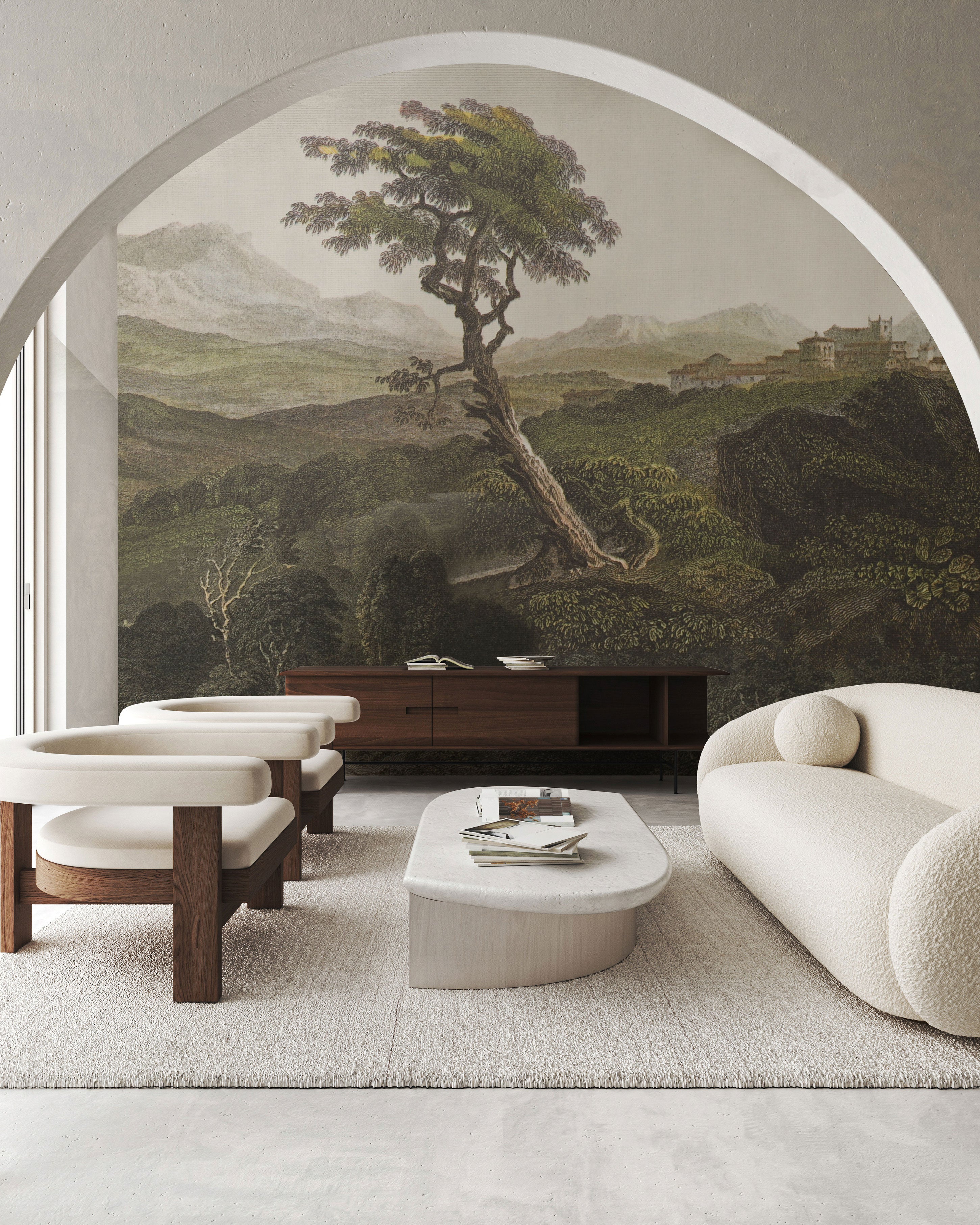 Vintage landscape mural wallpaper with tree, hills, and mountains in green, brown, and beige tones