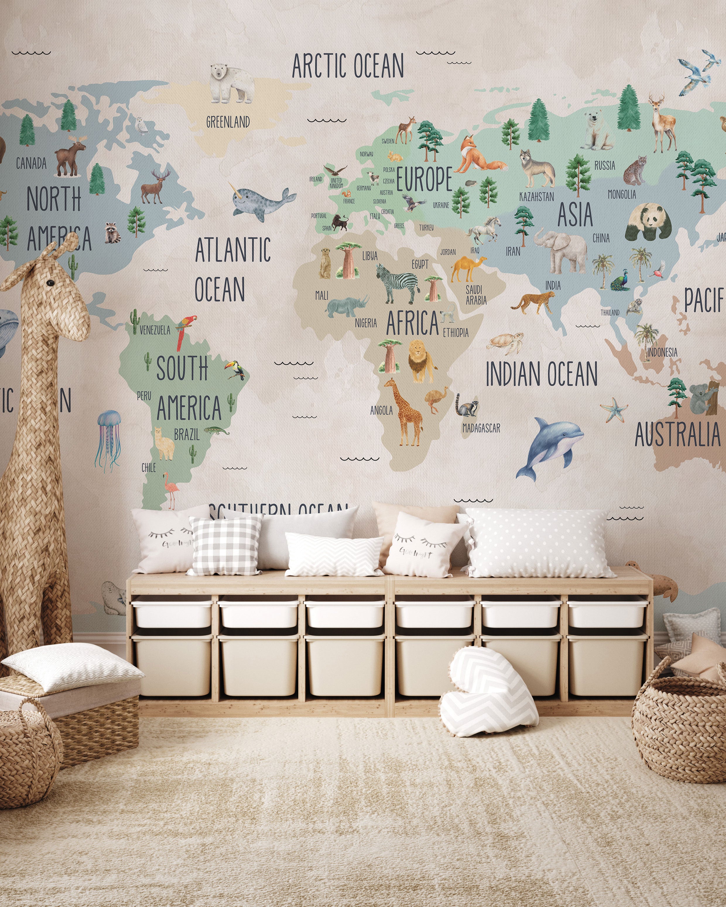 Illustrated world map wallpaper with animals, continents, oceans, and country names in soft beige and pastel tones