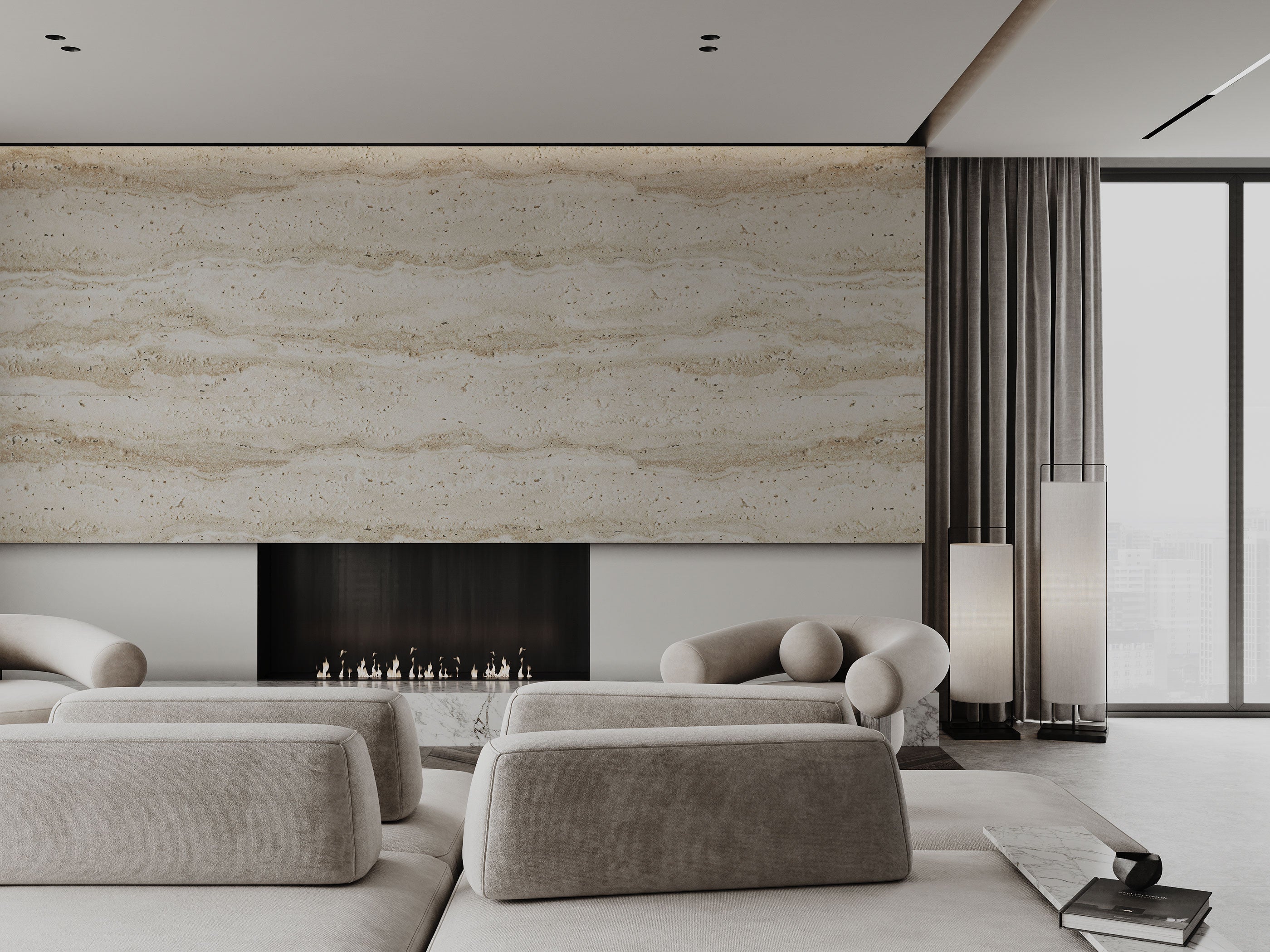 Light beige travertine-inspired wallpaper with horizontal stone texture and natural mineral pattern.