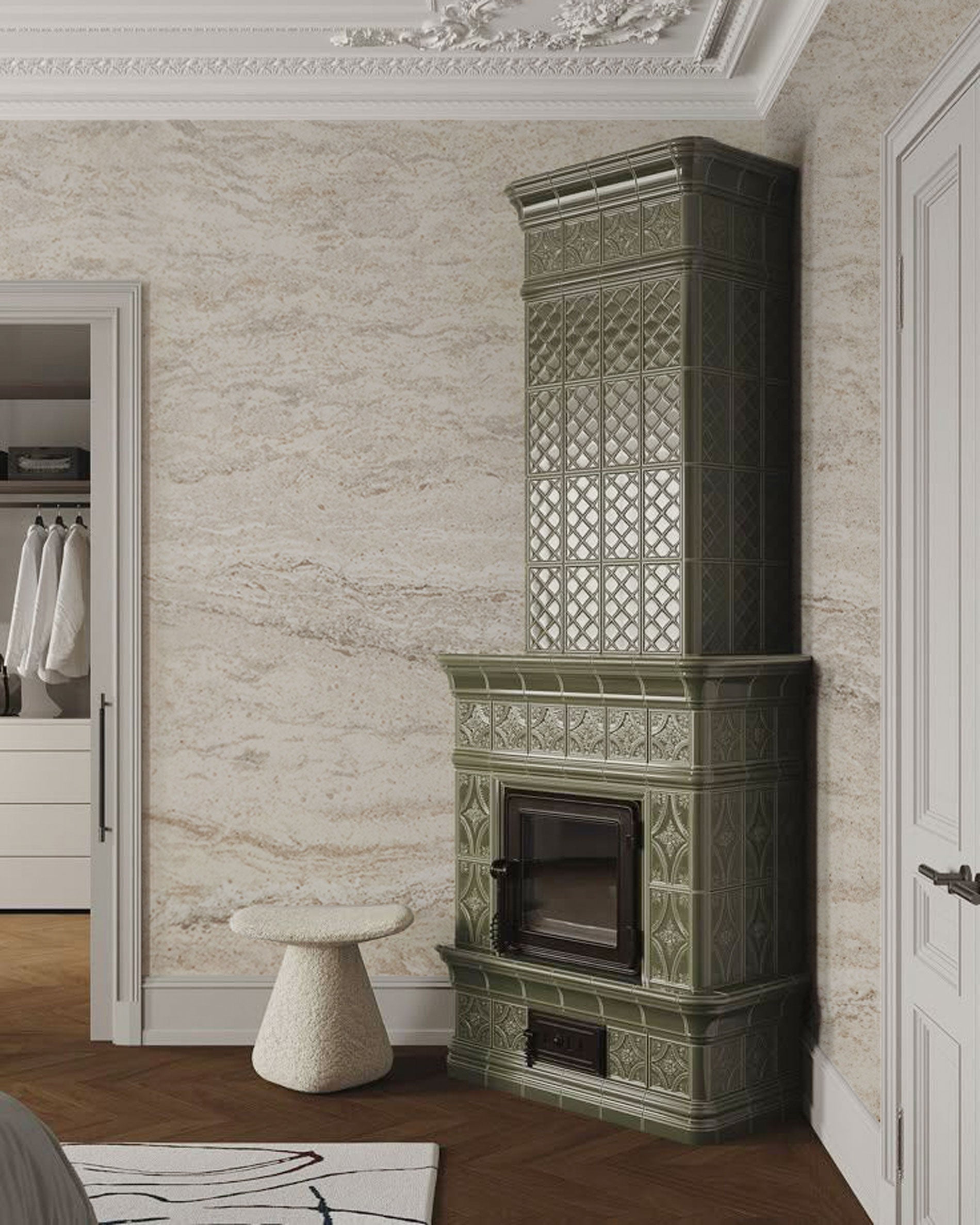 Light beige travertine-inspired wallpaper with horizontal stone texture and natural mineral pattern.