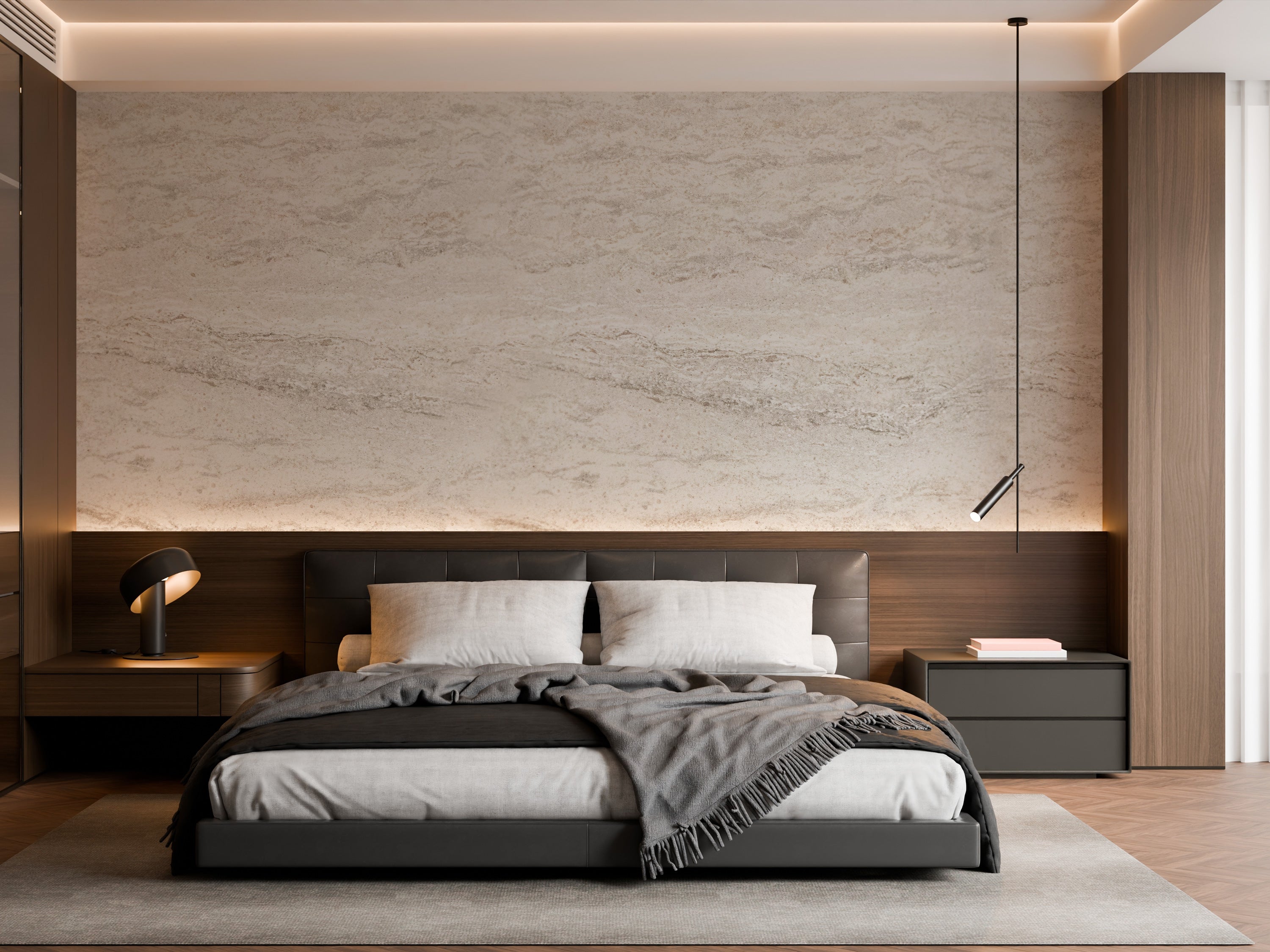 Light beige travertine-inspired wallpaper with horizontal stone texture and natural mineral pattern.