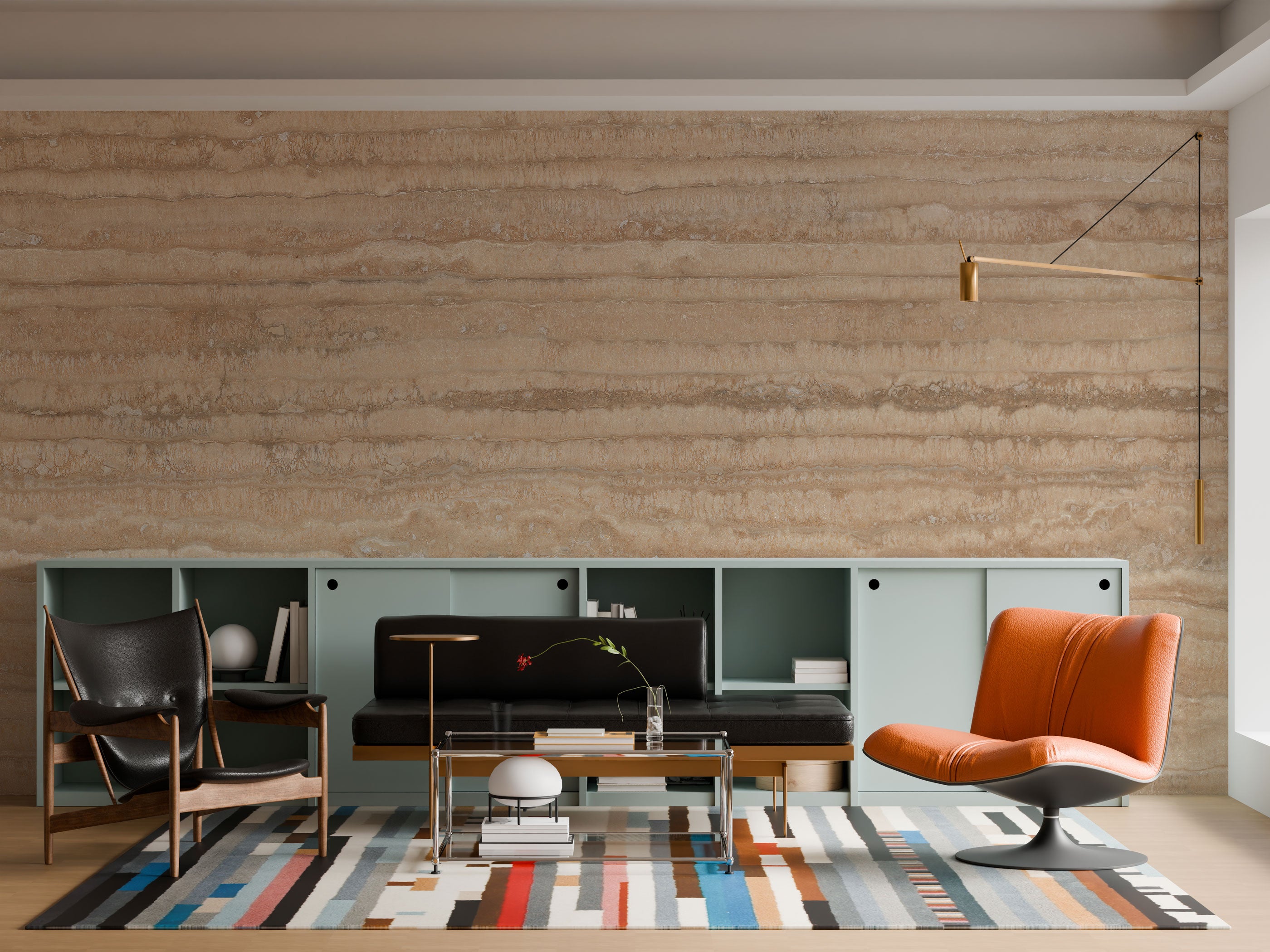 Warm earth toned travertine wallpaper with layered stone texture and natural mineral finish.
