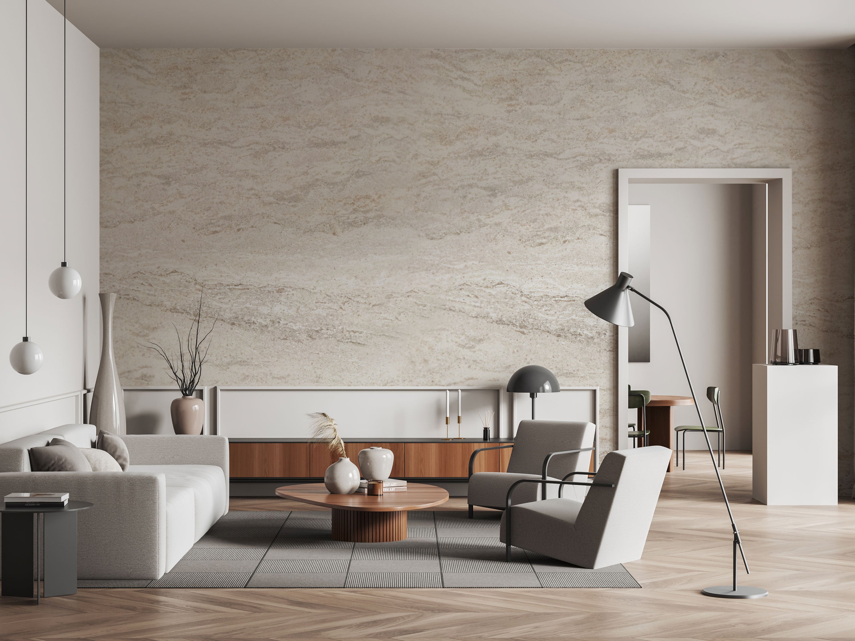 Light beige travertine-inspired wallpaper with horizontal stone texture and natural mineral pattern.