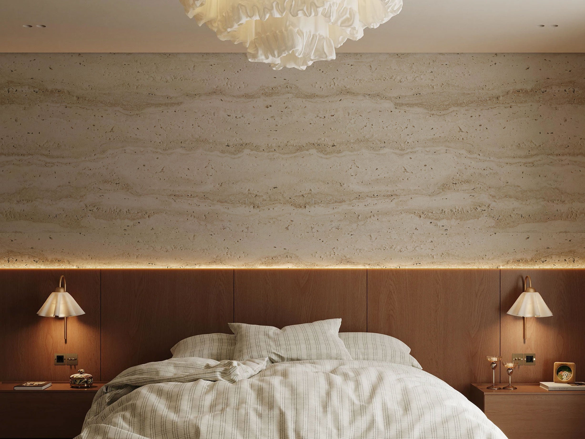 Light beige travertine-inspired wallpaper with horizontal stone texture and natural mineral pattern.