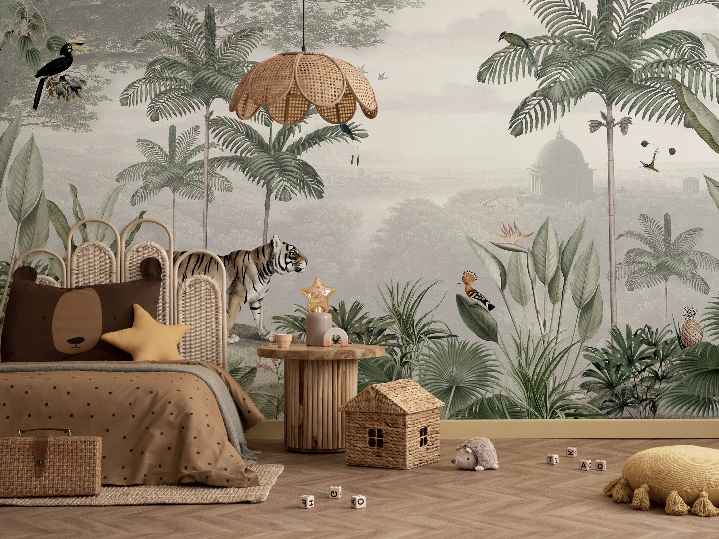 tropical wallpapers with vintage look, tiger and grey muted tones