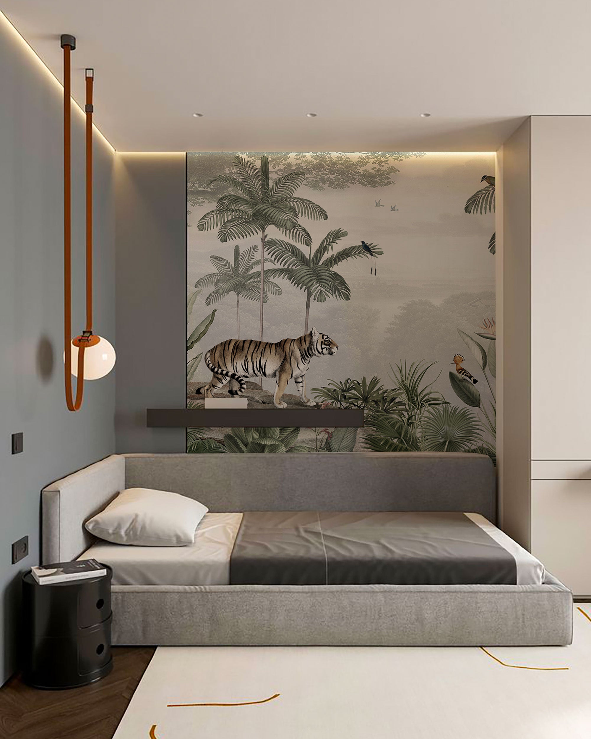 tropical wallpapers with vintage look, tiger and grey muted tones