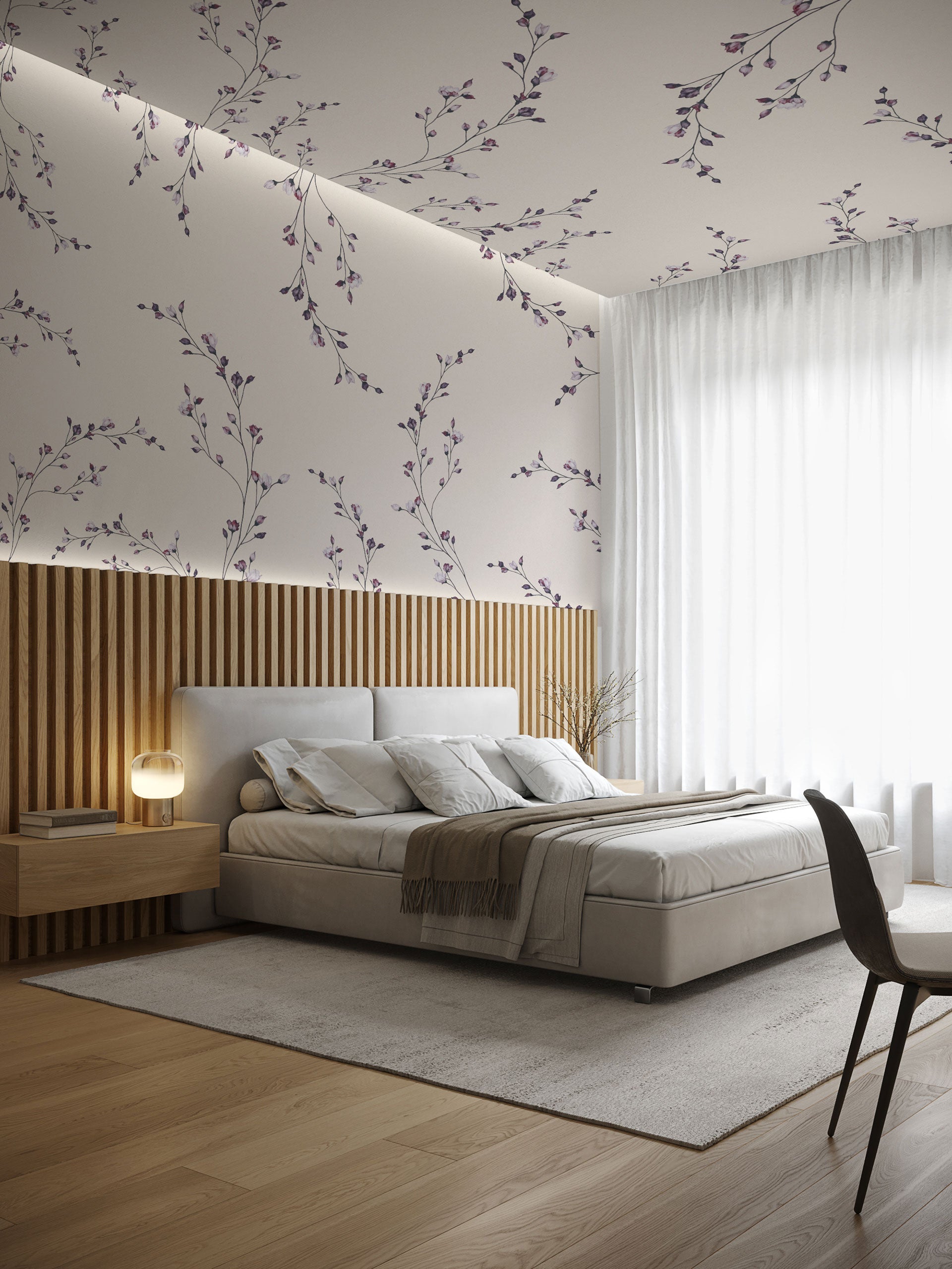 Under the Flowers wallpaper featuring delicate botanical branches with small blossoms on a soft neutral background.