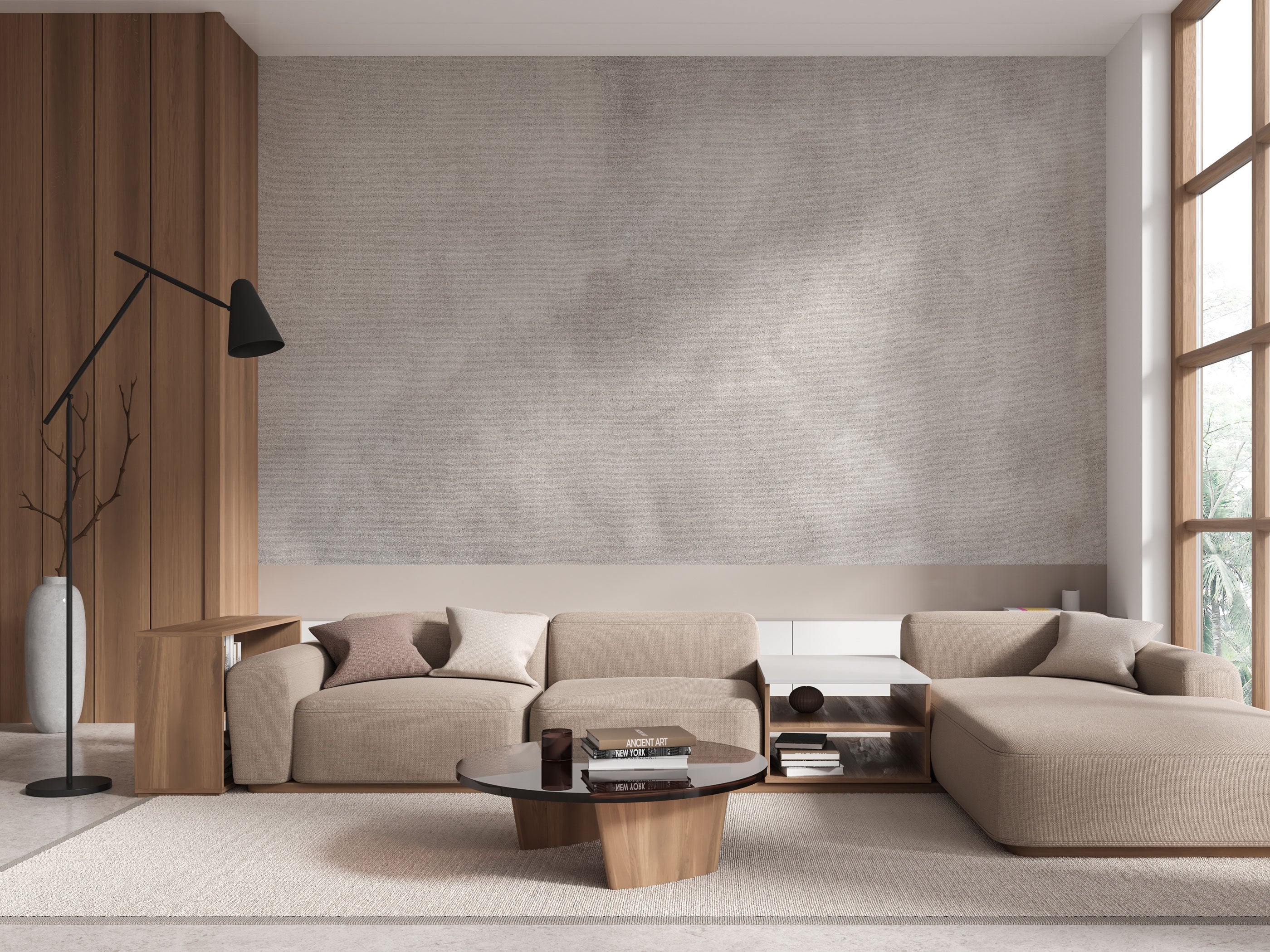 Soft textured wallpaper with linen-like surface in warm neutral grey-beige tones