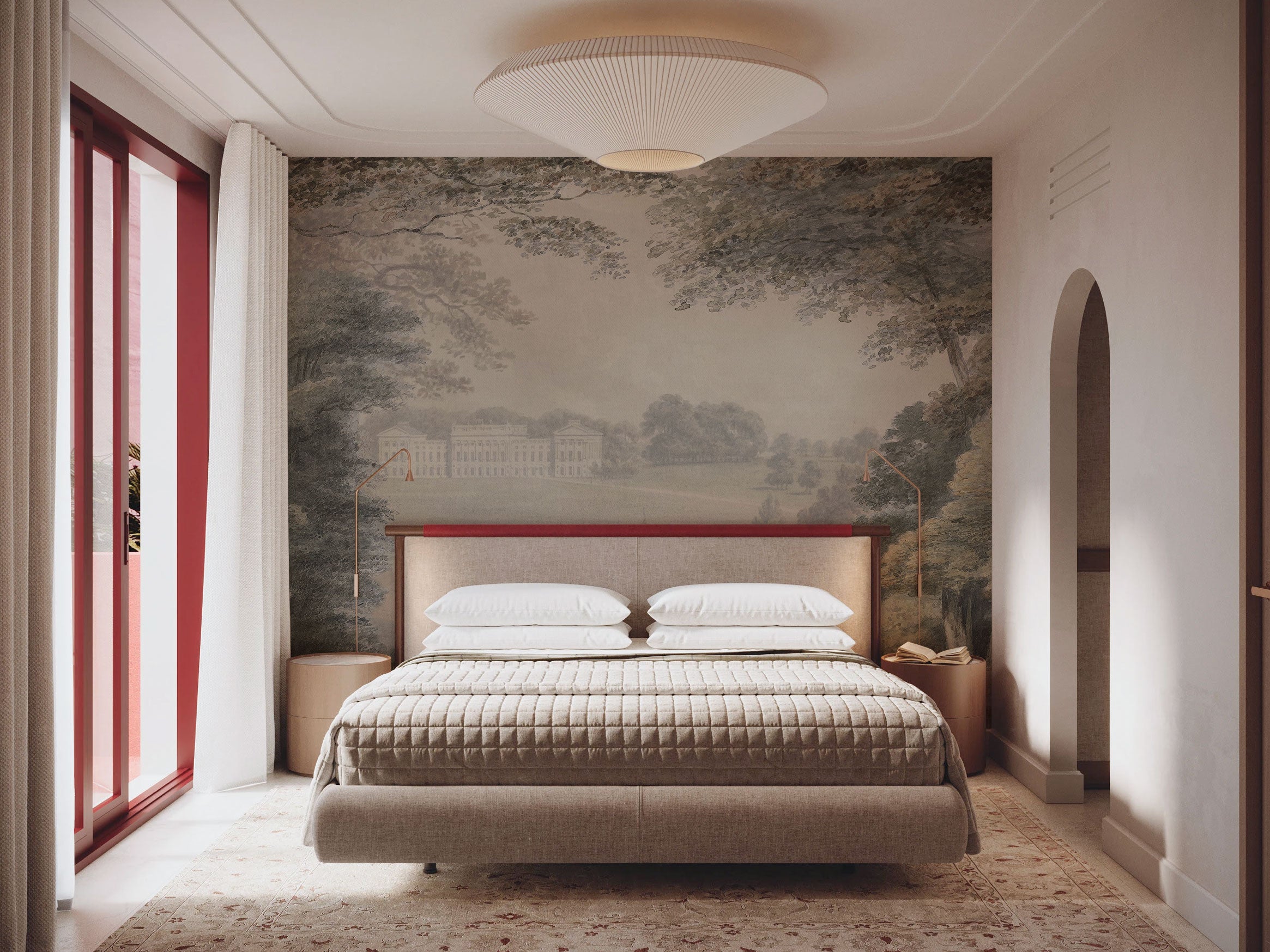 Victorian Classical landscape mural wallpaper with river, trees, and historic architecture in soft beige and blue tones - Eclart Walls