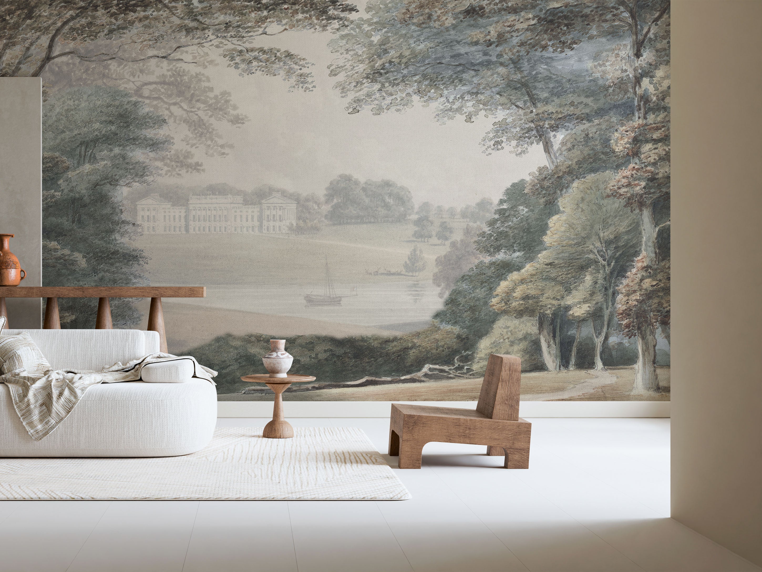 Victorian Classical landscape mural wallpaper with river, trees, and historic architecture in soft beige and blue tones - Eclart Walls