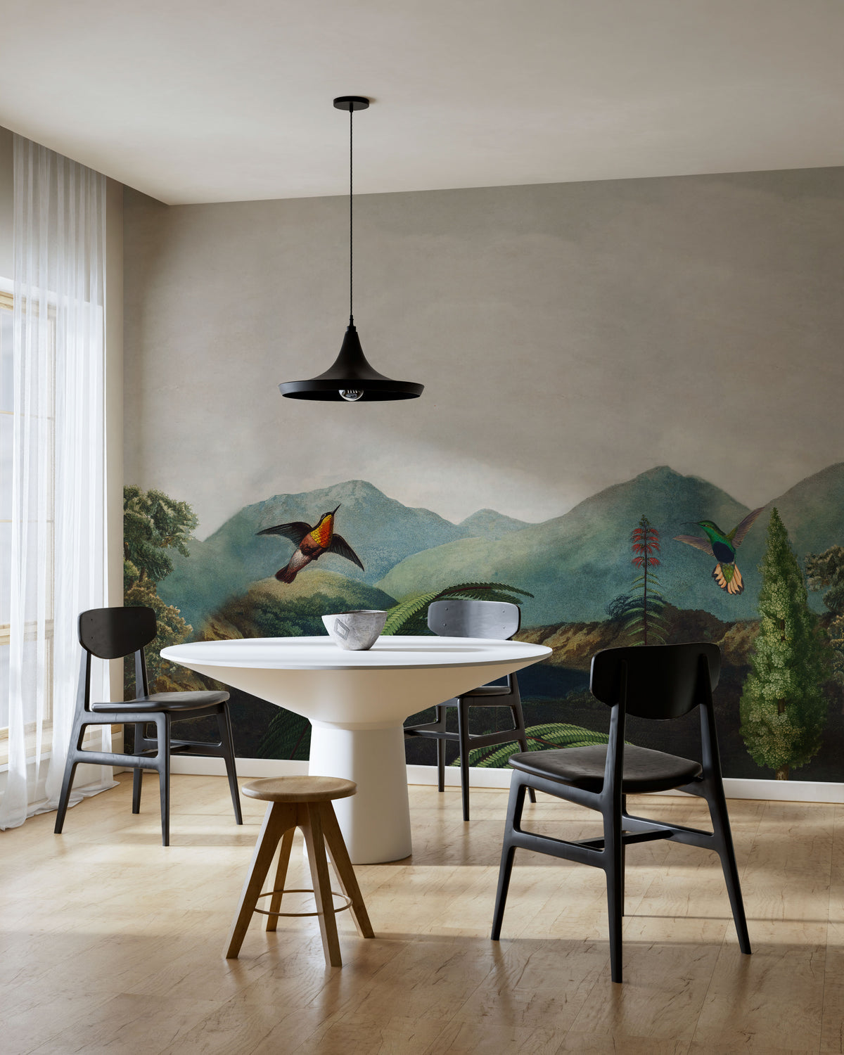 Scenic wallpaper mural with layered mountain landscape, lush greenery, and exotic birds flying across a soft natural background