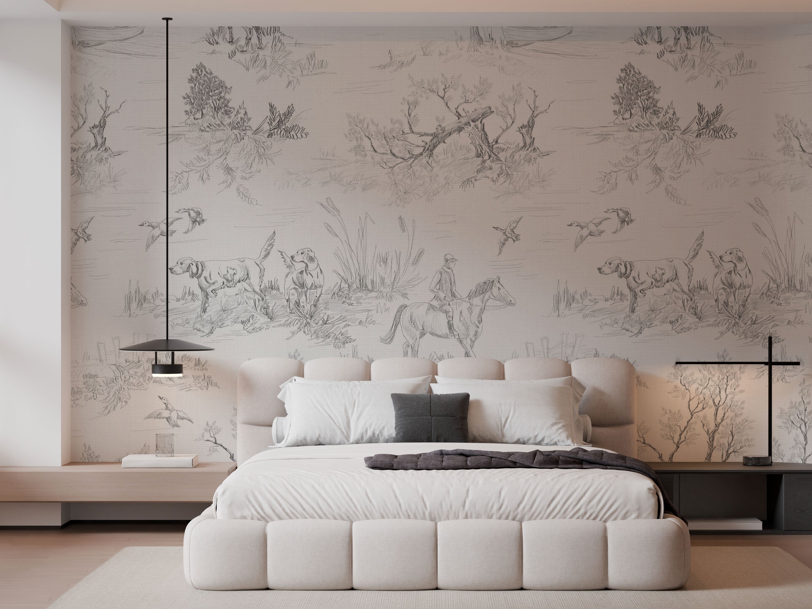 Toile pattern wallpaper with countryside scenes, horses, dogs, birds, and trees in soft grey tones