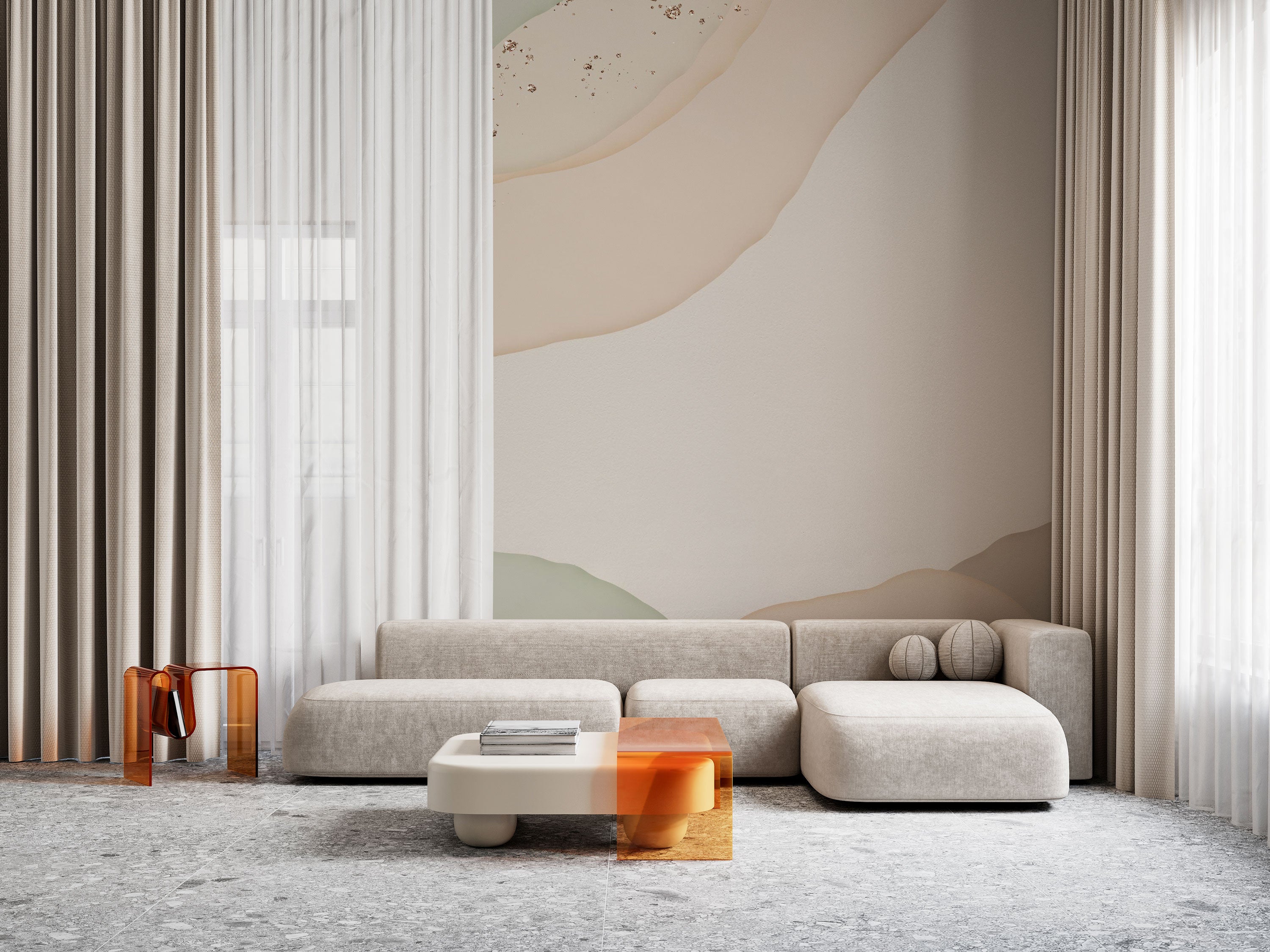 Abstract wallpaper with soft pastel landscape layers in muted beige, sage green, and warm neutral tones