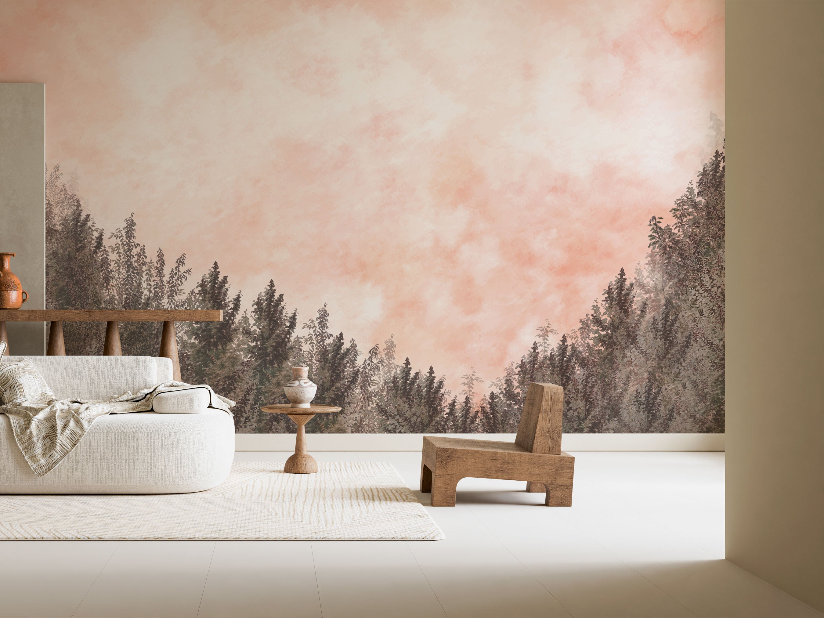 Forest mural wallpaper with trees and blush watercolor sky