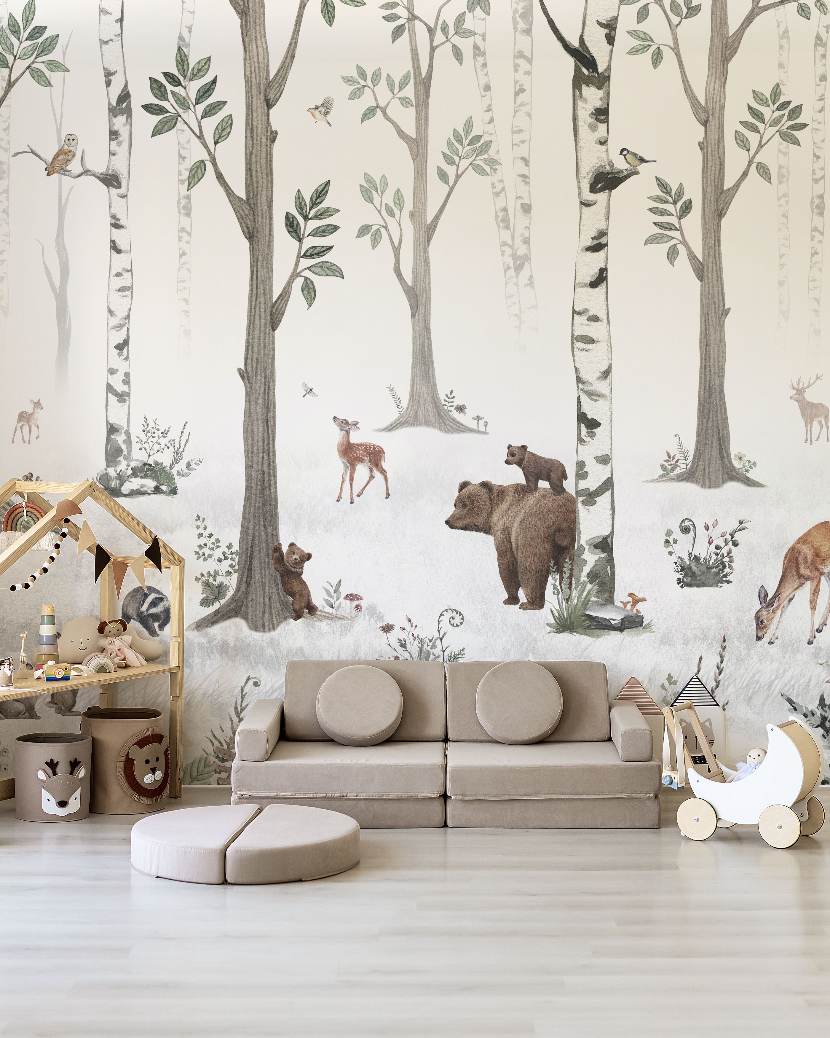 Watercolor forest animals mural wallpaper with trees in soft neutral tones for children’s rooms