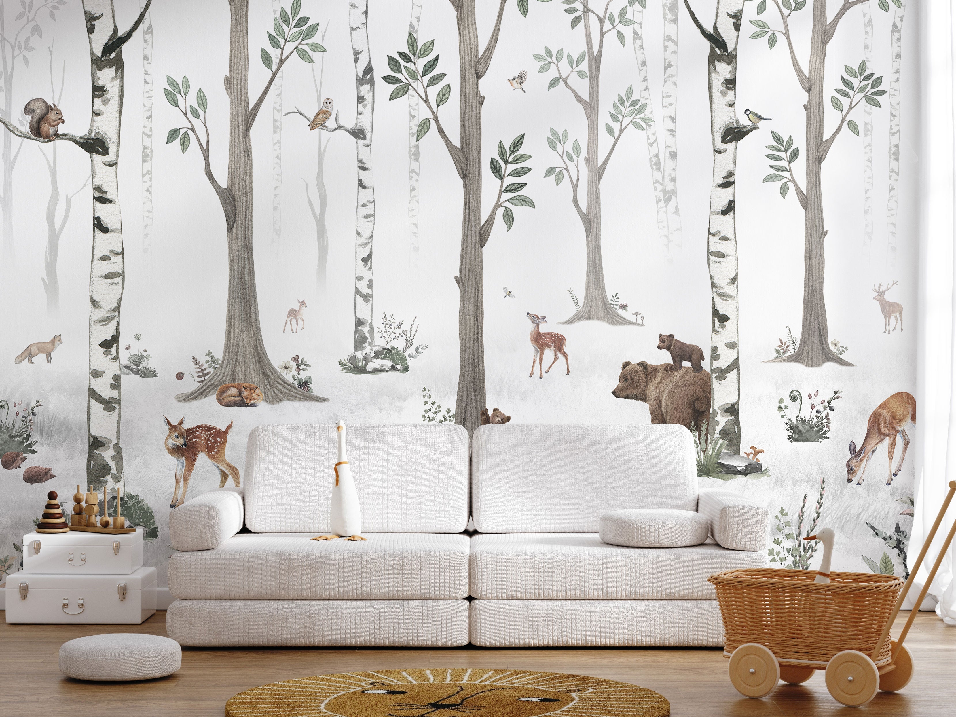 Watercolor forest animals mural wallpaper with trees in soft neutral tones for children’s rooms