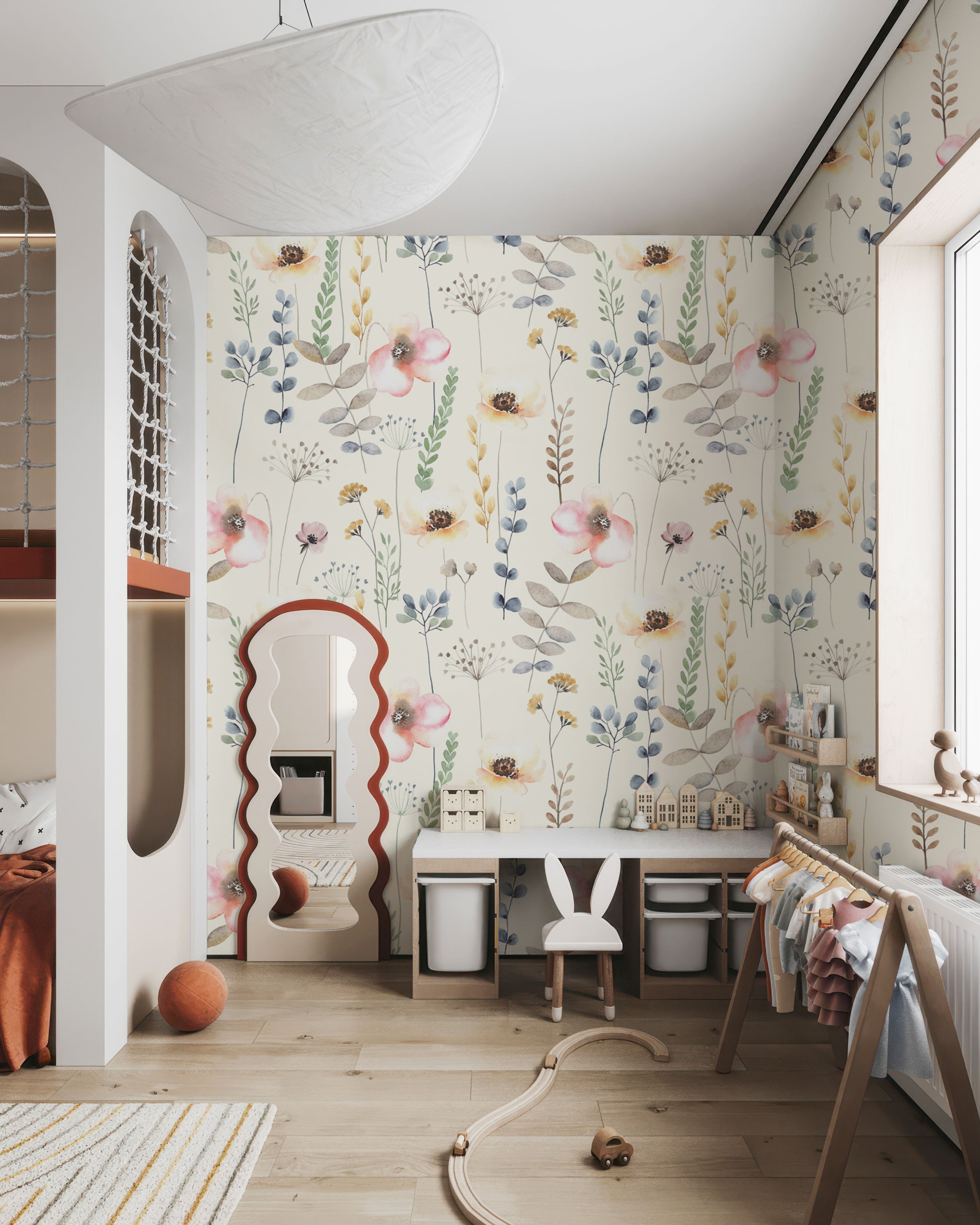Floral wallpaper with soft watercolor flowers and botanical elements on light background