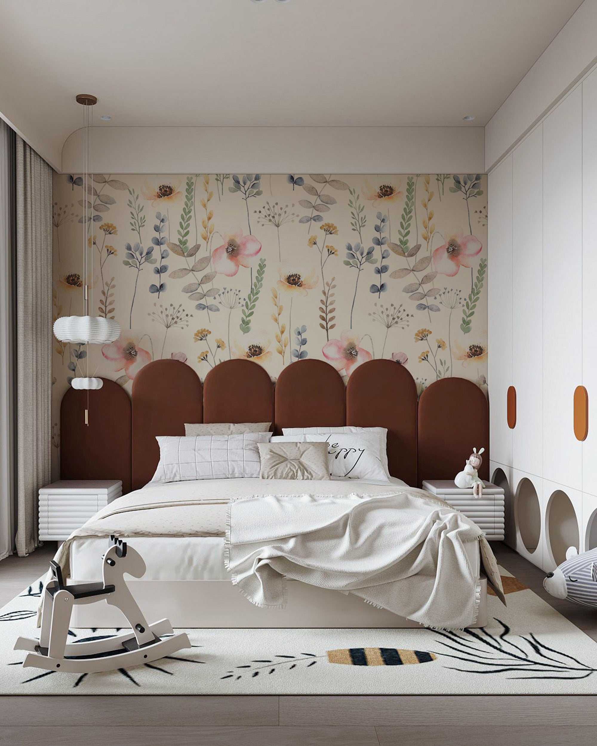 Floral wallpaper with soft watercolor flowers and botanical elements on light background