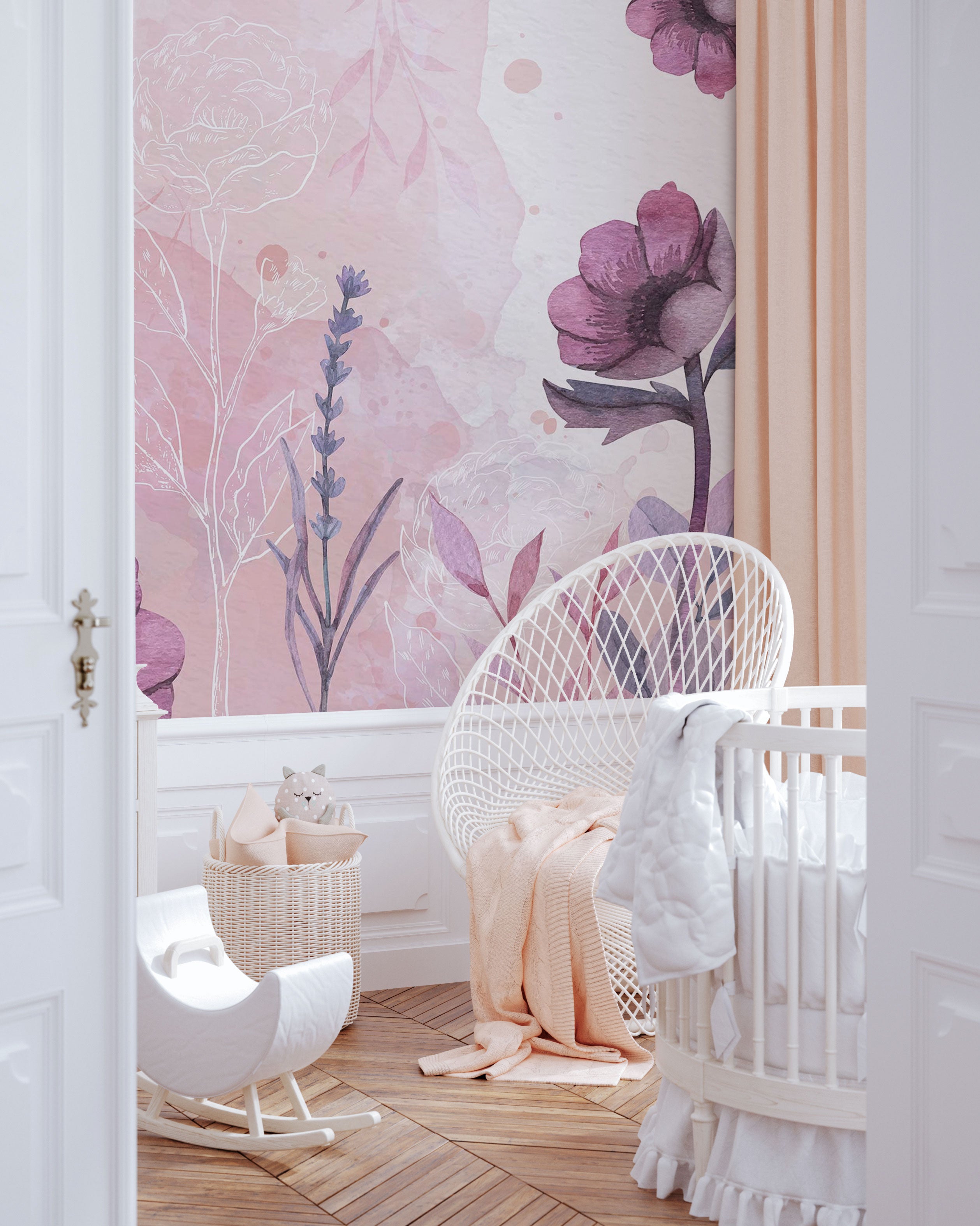 Watercolor floral wall mural in pastel pink and lavender tones