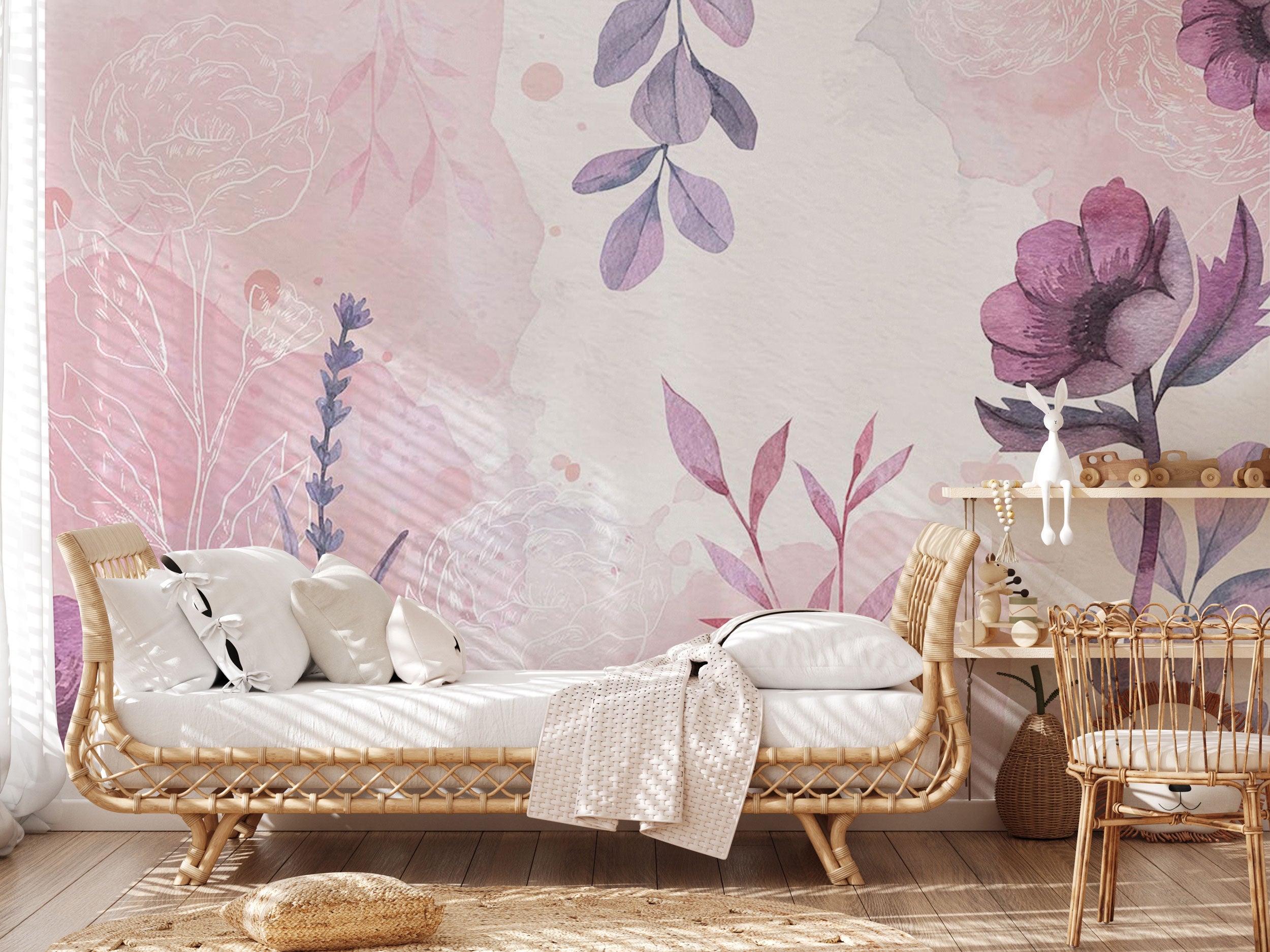 Watercolor floral wall mural in pastel pink and lavender tones
